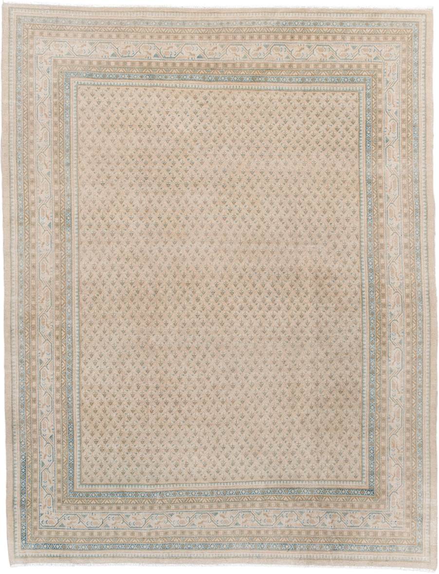 7' x 9' one-of-a-kind handmade antique Mir rug. Color palette: ivory, pale blue, beige, taupe, camel, light blue, gray