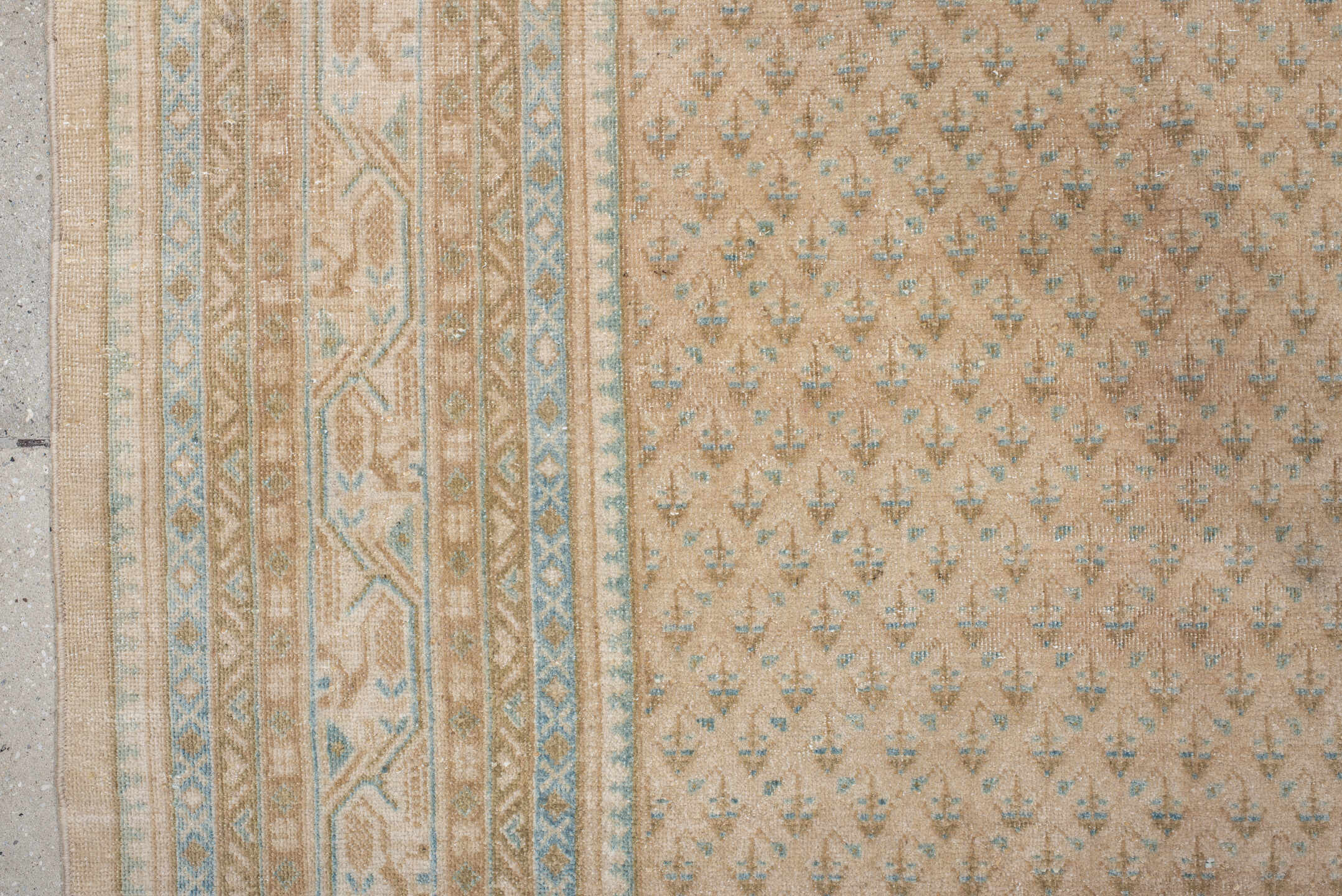 7' x 9' one-of-a-kind handmade antique Mir rug. Color palette: ivory, pale blue, beige, taupe, camel, light blue, gray