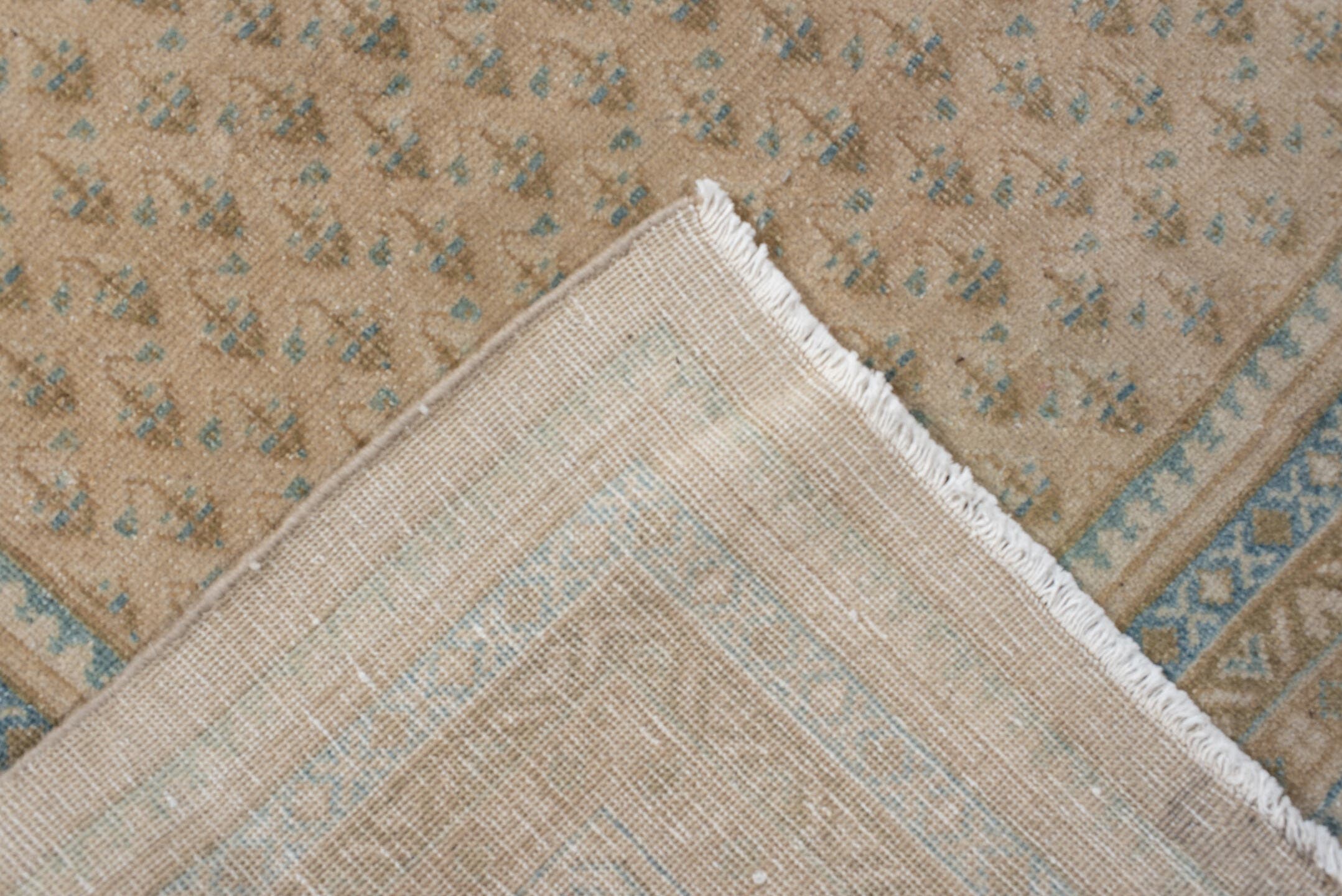 7' x 9' one-of-a-kind handmade antique Mir rug. Color palette: ivory, pale blue, beige, taupe, camel, light blue, gray
