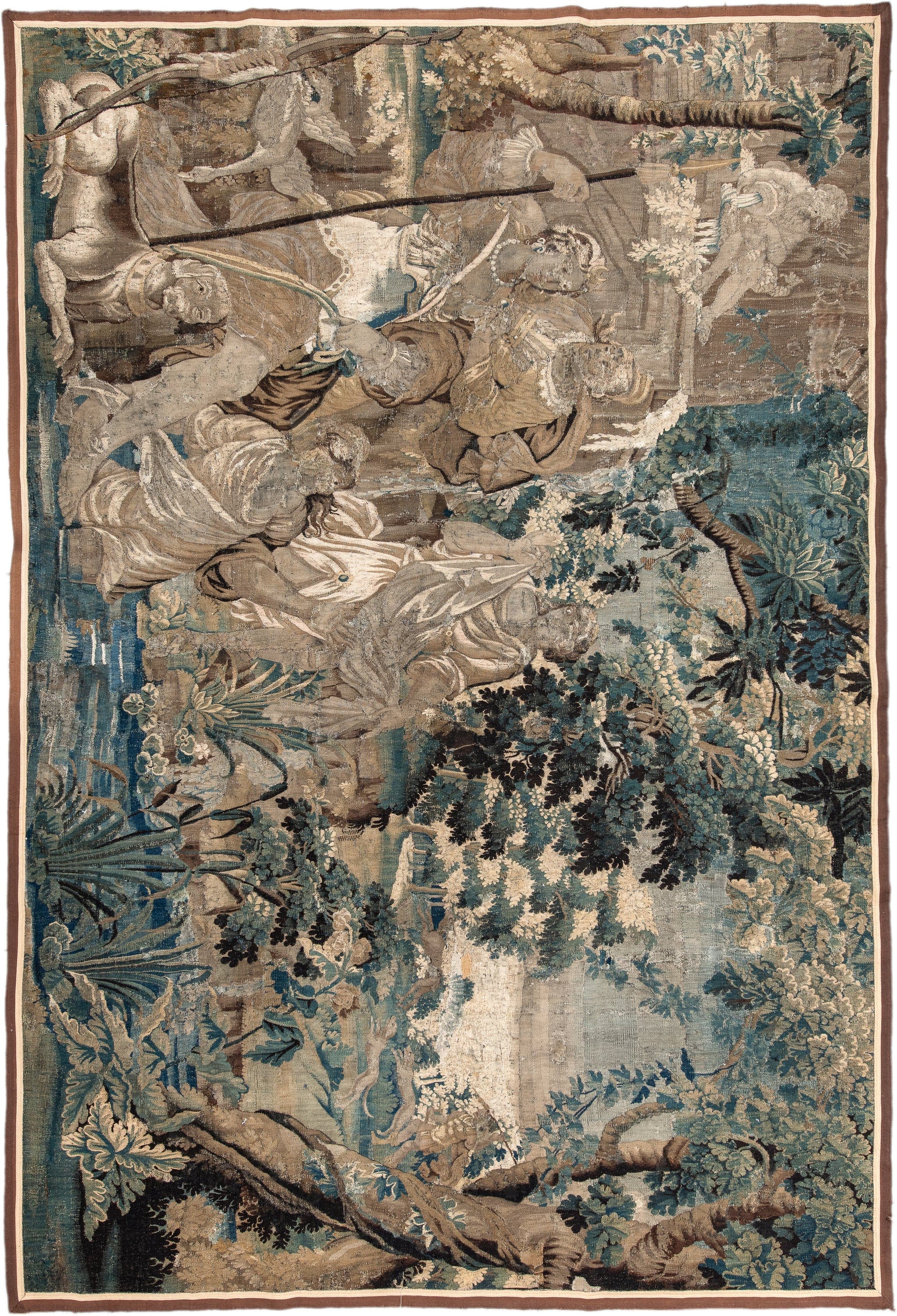 7' x 10' one-of-a-kind handmade vintage Tapestry large size rug. Color palette: taupe, teal, ivory, brown, slate, camel