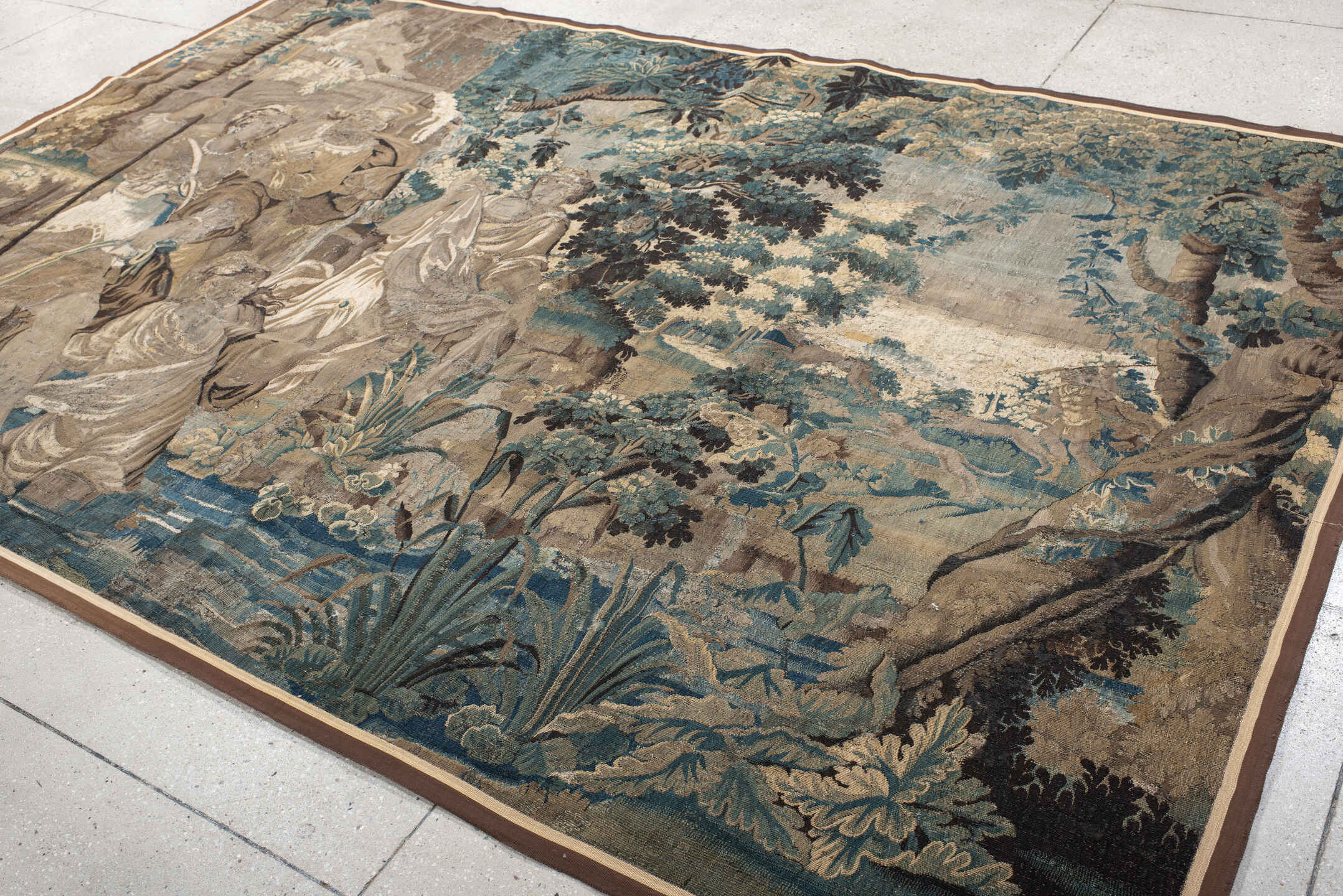 7' x 10' one-of-a-kind handmade vintage Tapestry large size rug. Color palette: taupe, teal, ivory, brown, slate, camel