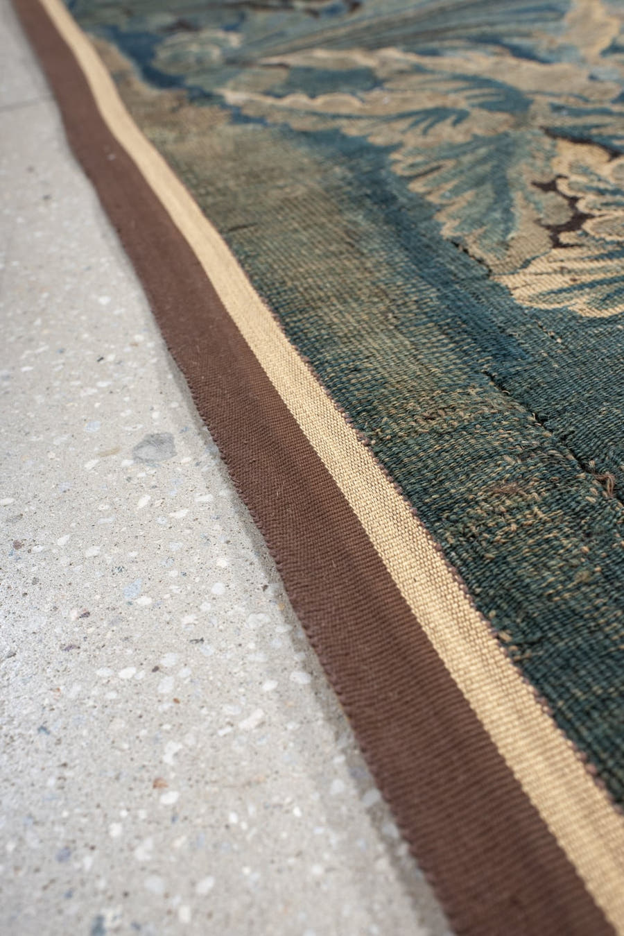 7' x 10' one-of-a-kind handmade vintage Tapestry large size rug. Color palette: taupe, teal, ivory, brown, slate, camel