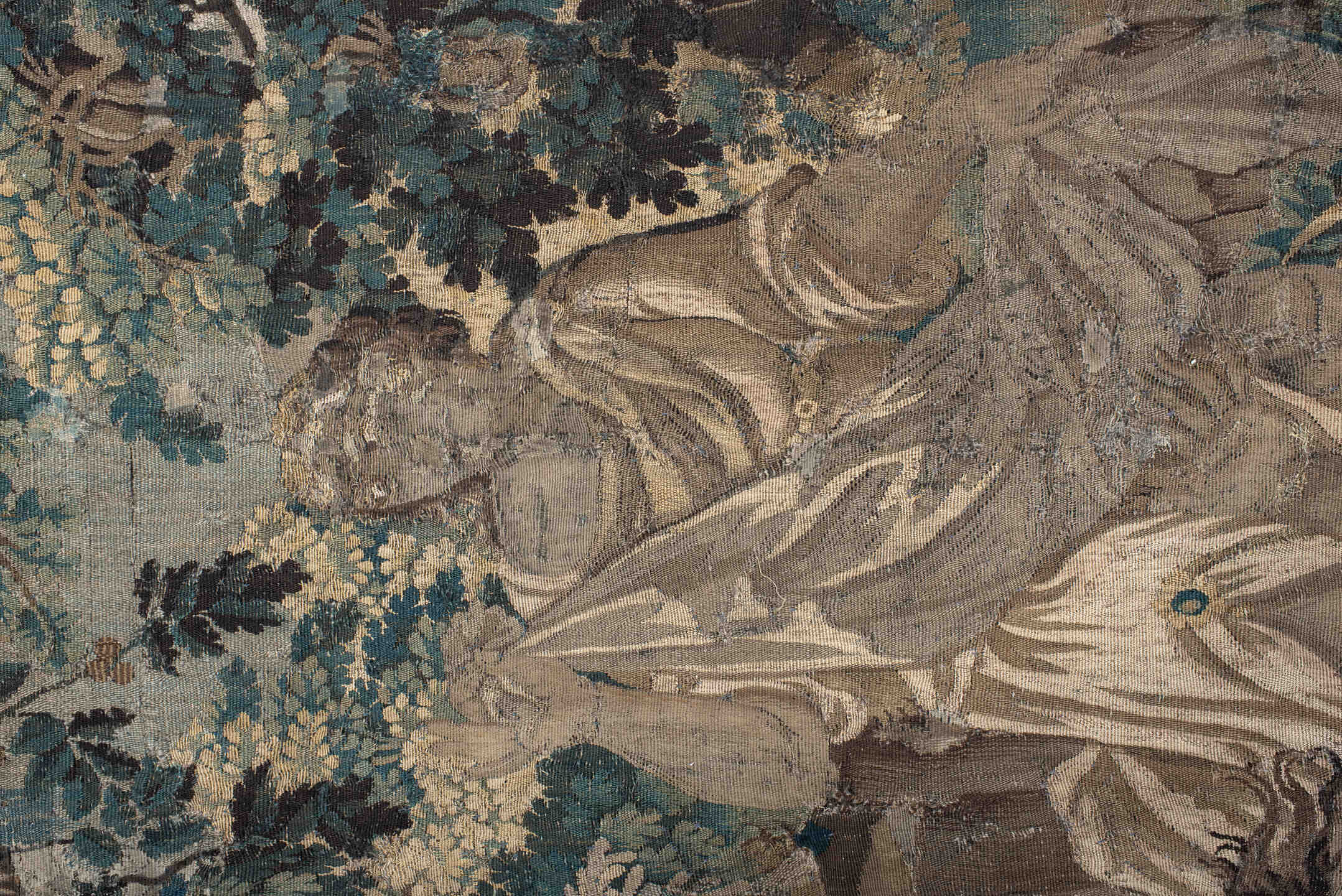 7' x 10' one-of-a-kind handmade vintage Tapestry large size rug. Color palette: taupe, teal, ivory, brown, slate, camel