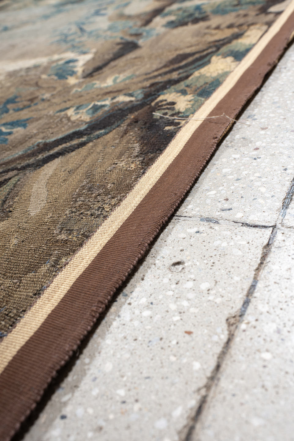 7' x 10' one-of-a-kind handmade vintage Tapestry large size rug. Color palette: taupe, teal, ivory, brown, slate, camel