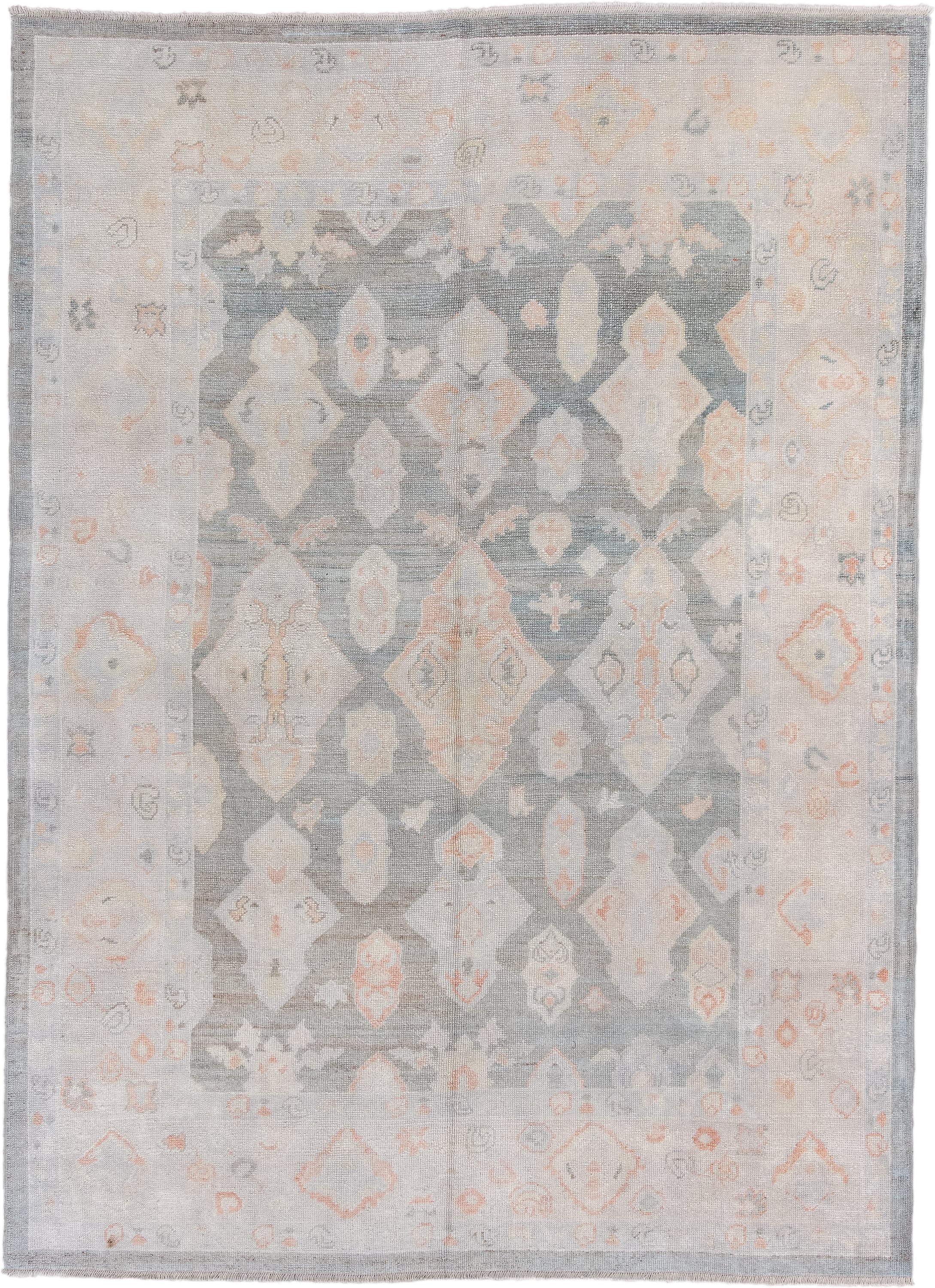 8' x 11' one-of-a-kind handmade vintage Oushak large size rug. Color palette: gray, ivory, blush, peach, taupe, pink