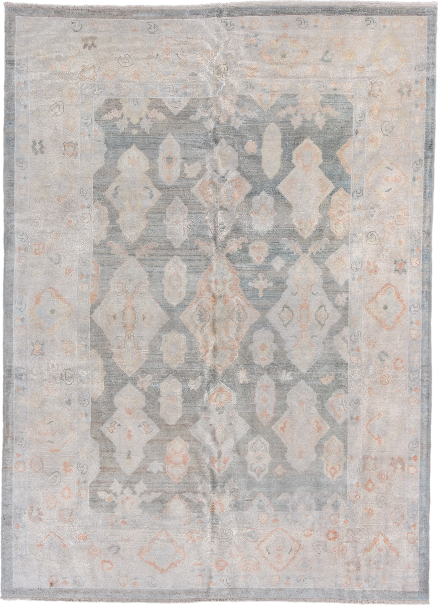 8' x 11' one-of-a-kind handmade vintage Oushak large size rug. Color palette: dark gray, gainsboro, gray, light gray, linen