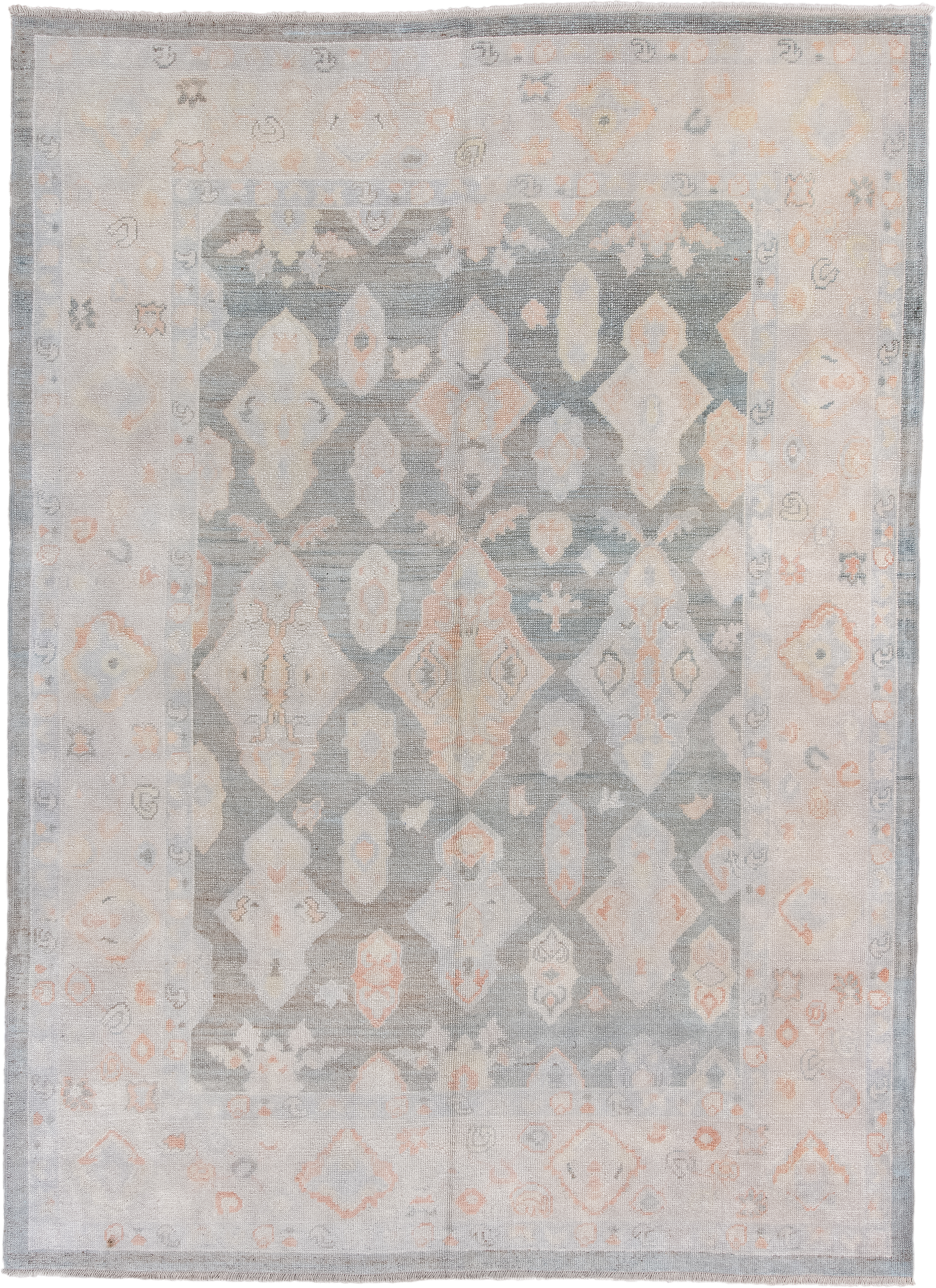 8' x 11' one-of-a-kind handmade vintage Oushak large size rug. Color palette: gray, ivory, blush, peach, taupe, pink