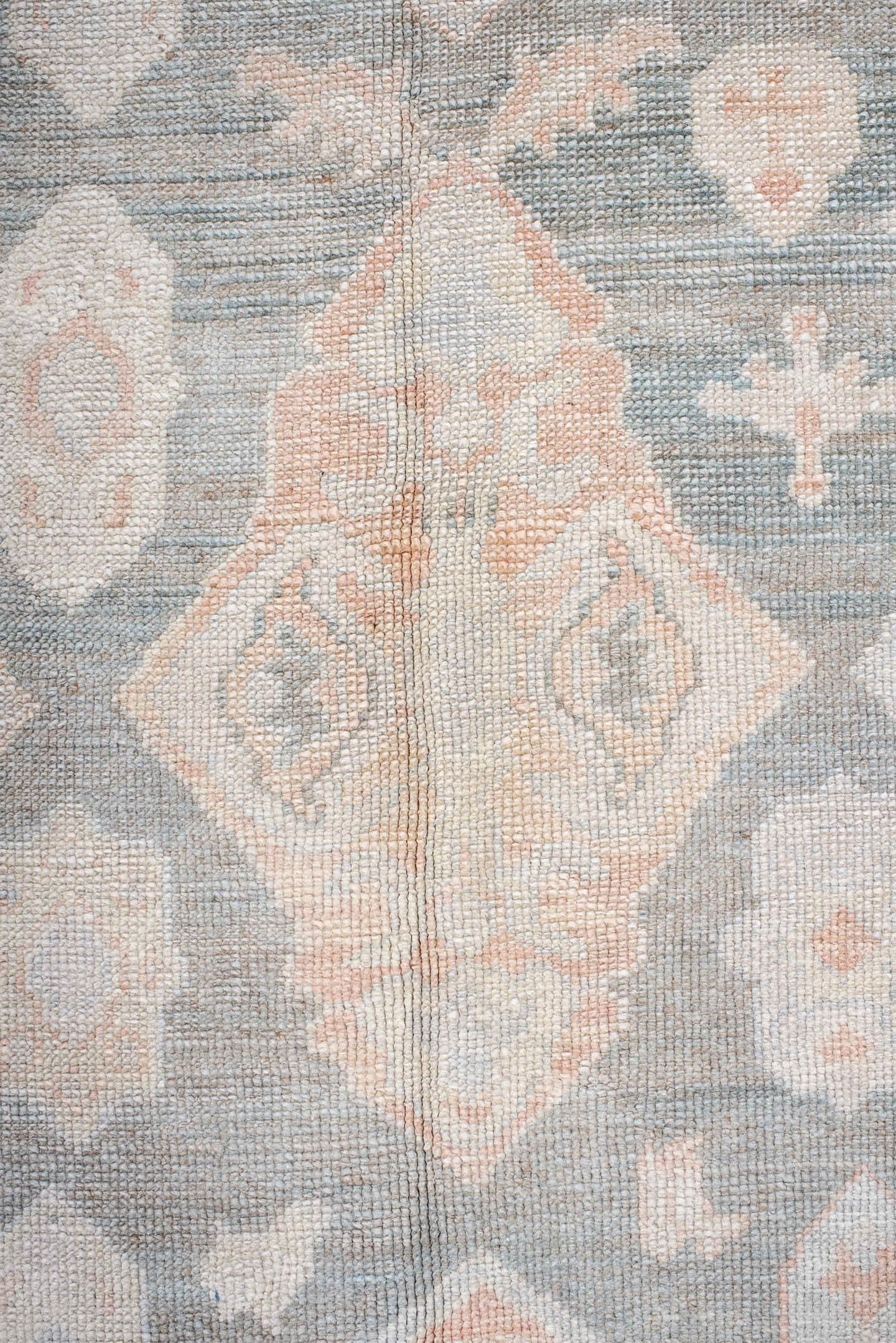 8' x 11' one-of-a-kind handmade vintage Oushak large size rug. Color palette: gray, ivory, blush, peach, taupe, pink