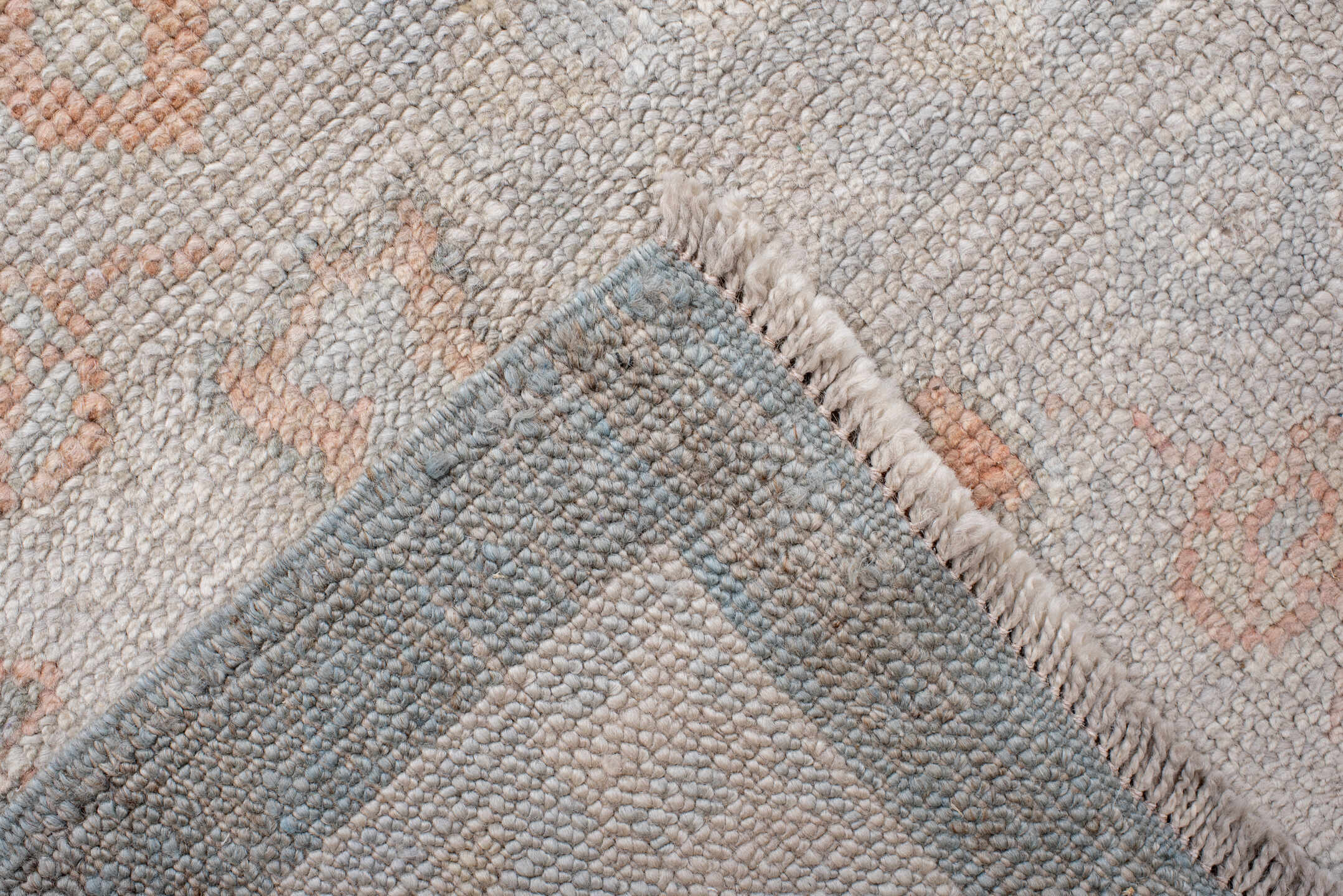 8' x 11' one-of-a-kind handmade vintage Oushak large size rug. Color palette: gray, ivory, blush, peach, taupe, pink