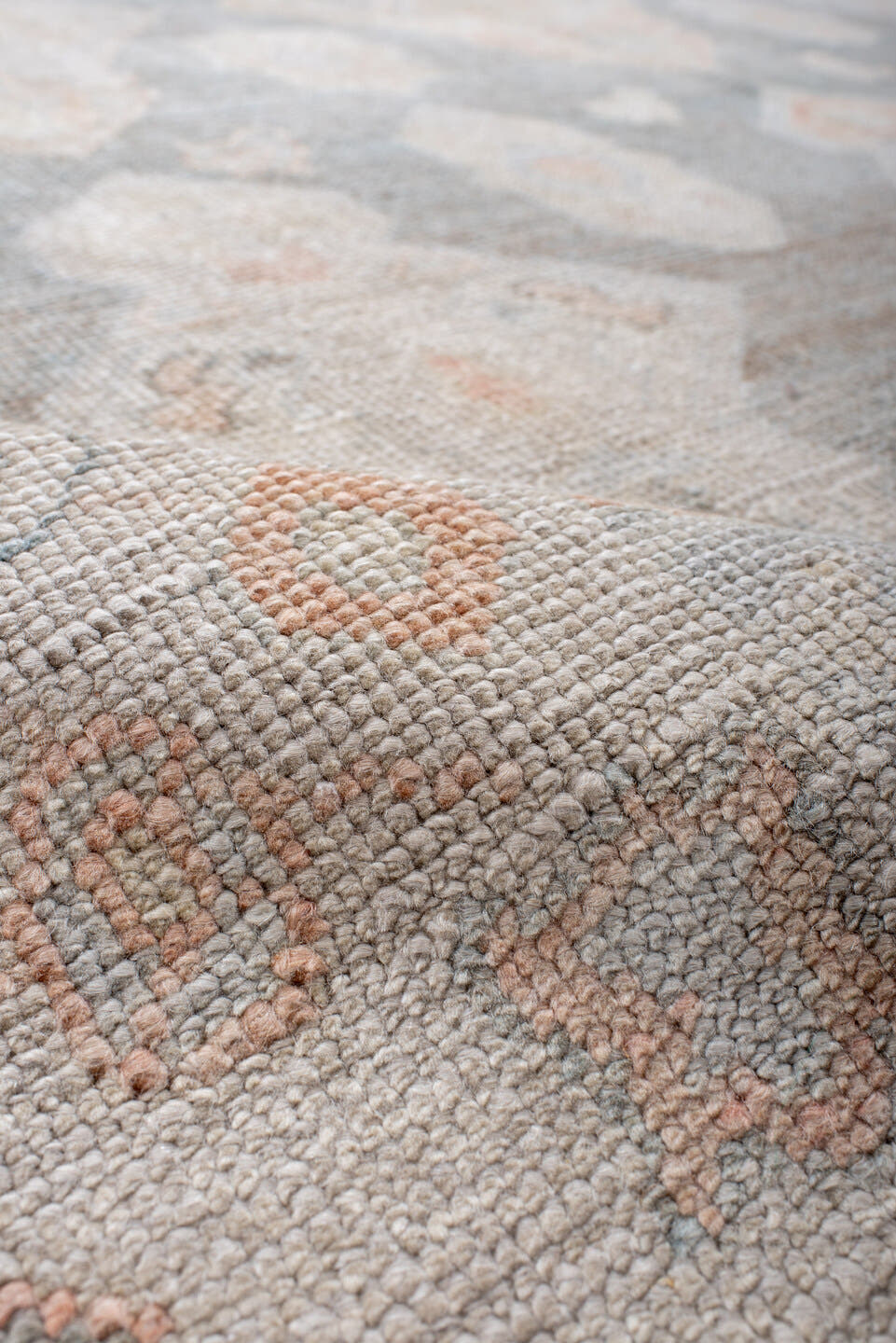 8' x 11' one-of-a-kind handmade vintage Oushak large size rug. Color palette: gray, ivory, blush, peach, taupe, pink