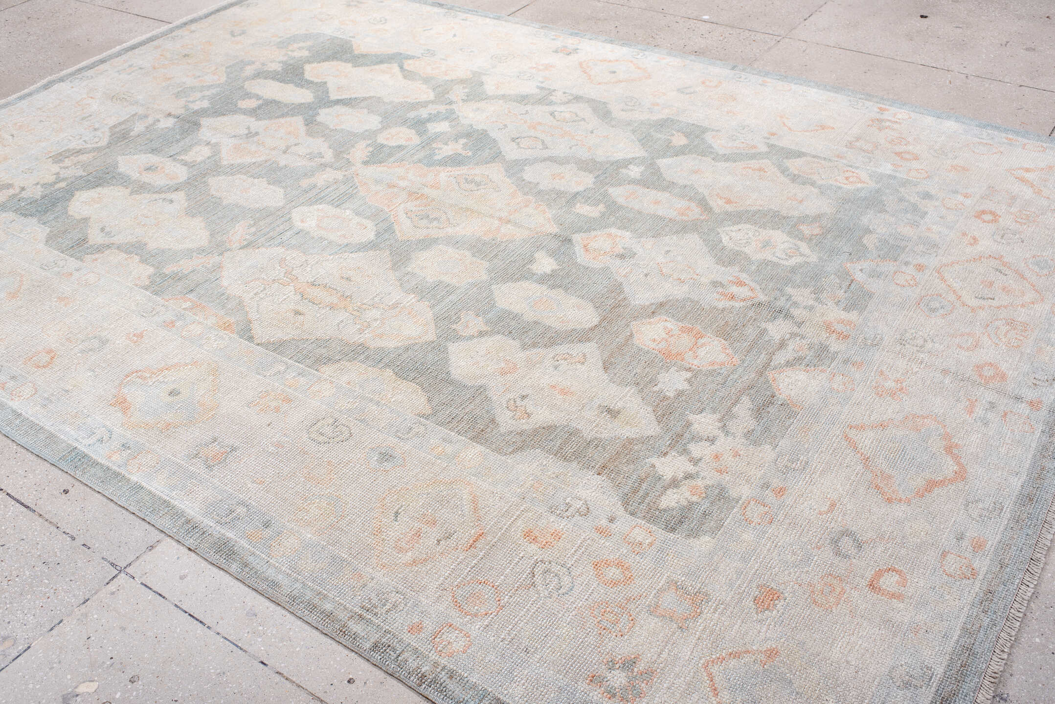 8' x 11' one-of-a-kind handmade vintage Oushak large size rug. Color palette: gray, ivory, blush, peach, taupe, pink