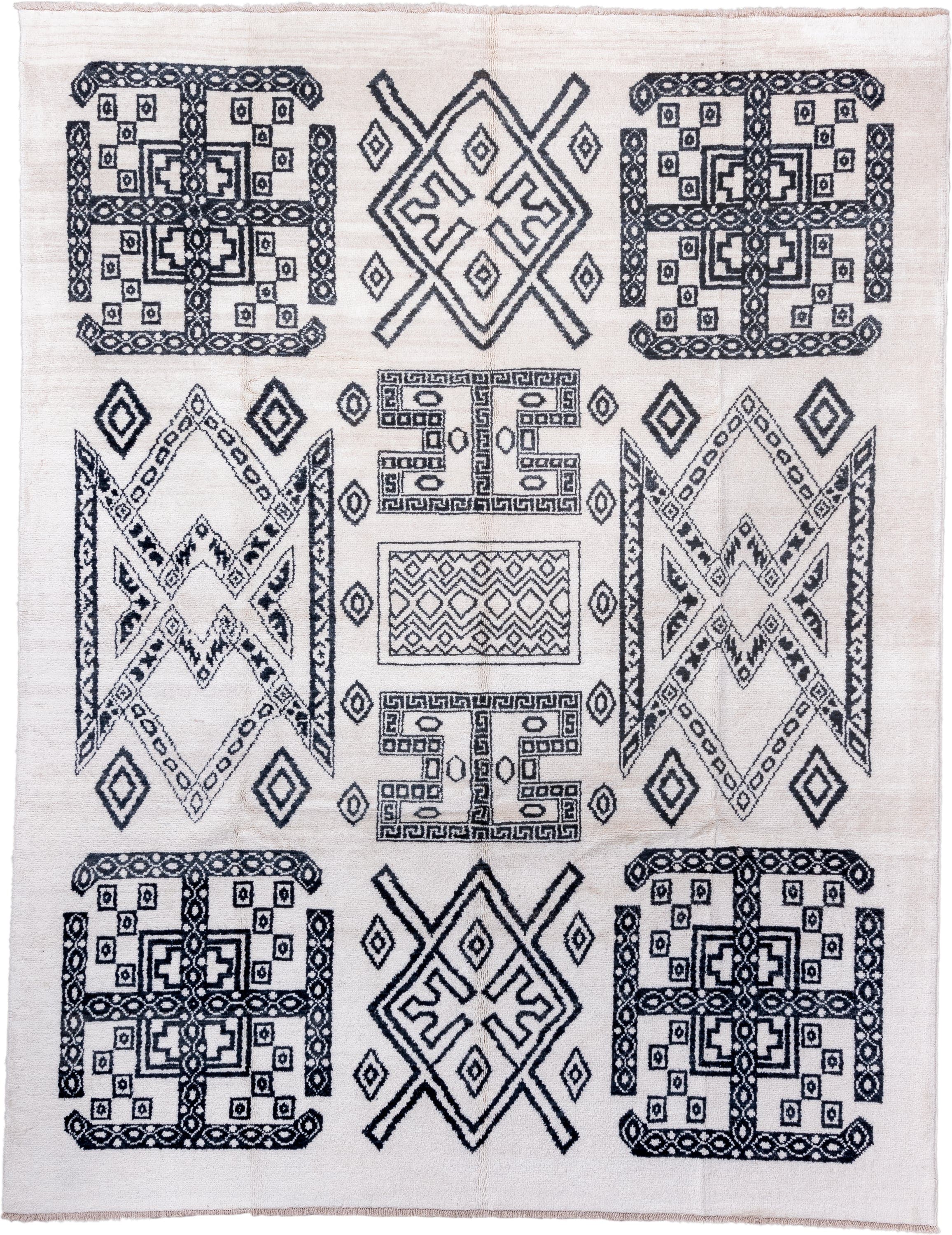 9' x 12' one-of-a-kind handmade vintage Moroccan large size rug. Color palette: ivory, charcoal, taupe, gray, black, beige
