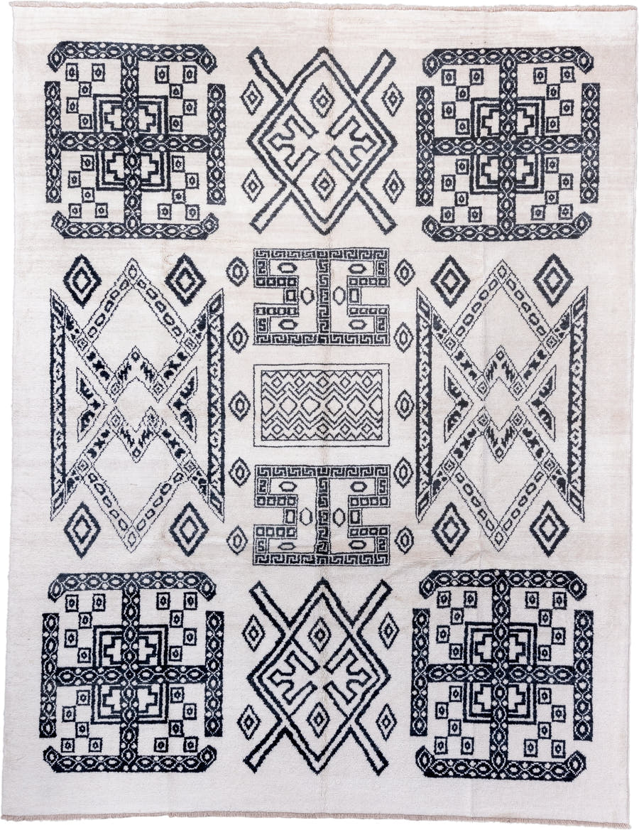 9' x 12' one-of-a-kind handmade vintage Moroccan large size rug. Color palette: ivory, charcoal, taupe, gray, black, beige