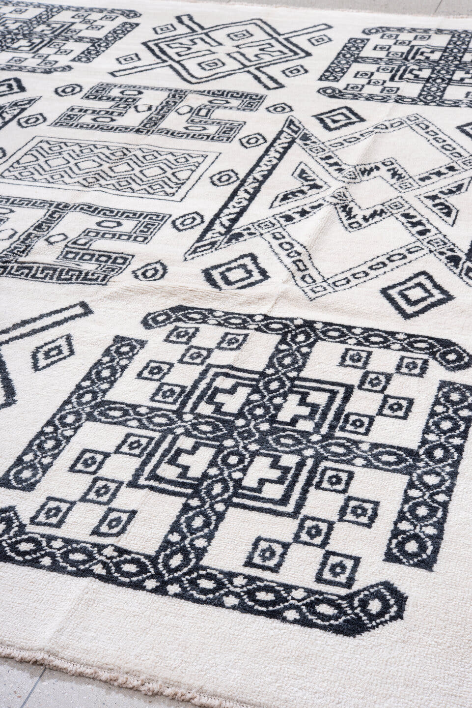 9' x 12' one-of-a-kind handmade vintage Moroccan large size rug. Color palette: ivory, charcoal, taupe, gray, black, beige