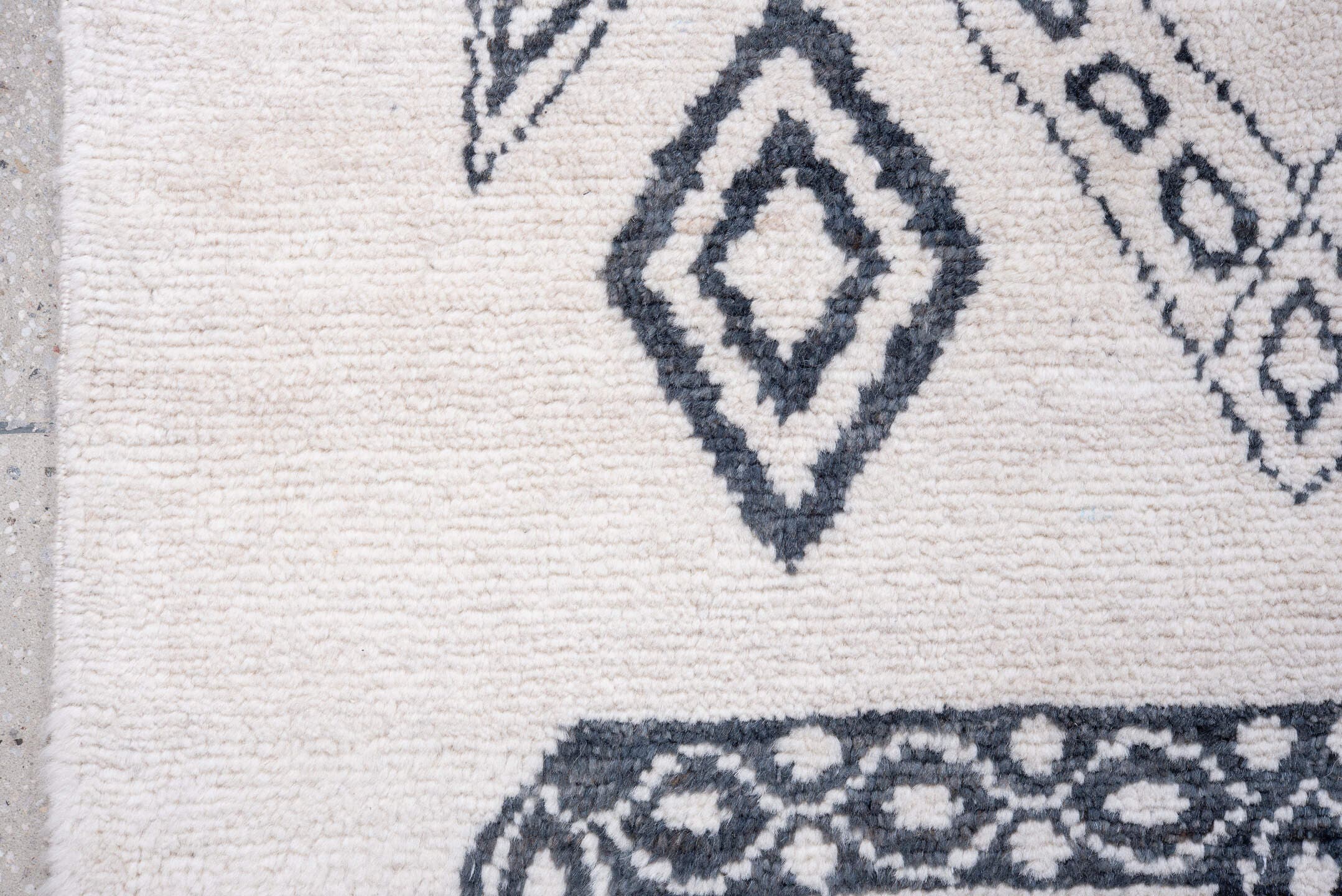 9' x 12' one-of-a-kind handmade vintage Moroccan large size rug. Color palette: ivory, charcoal, taupe, gray, black, beige