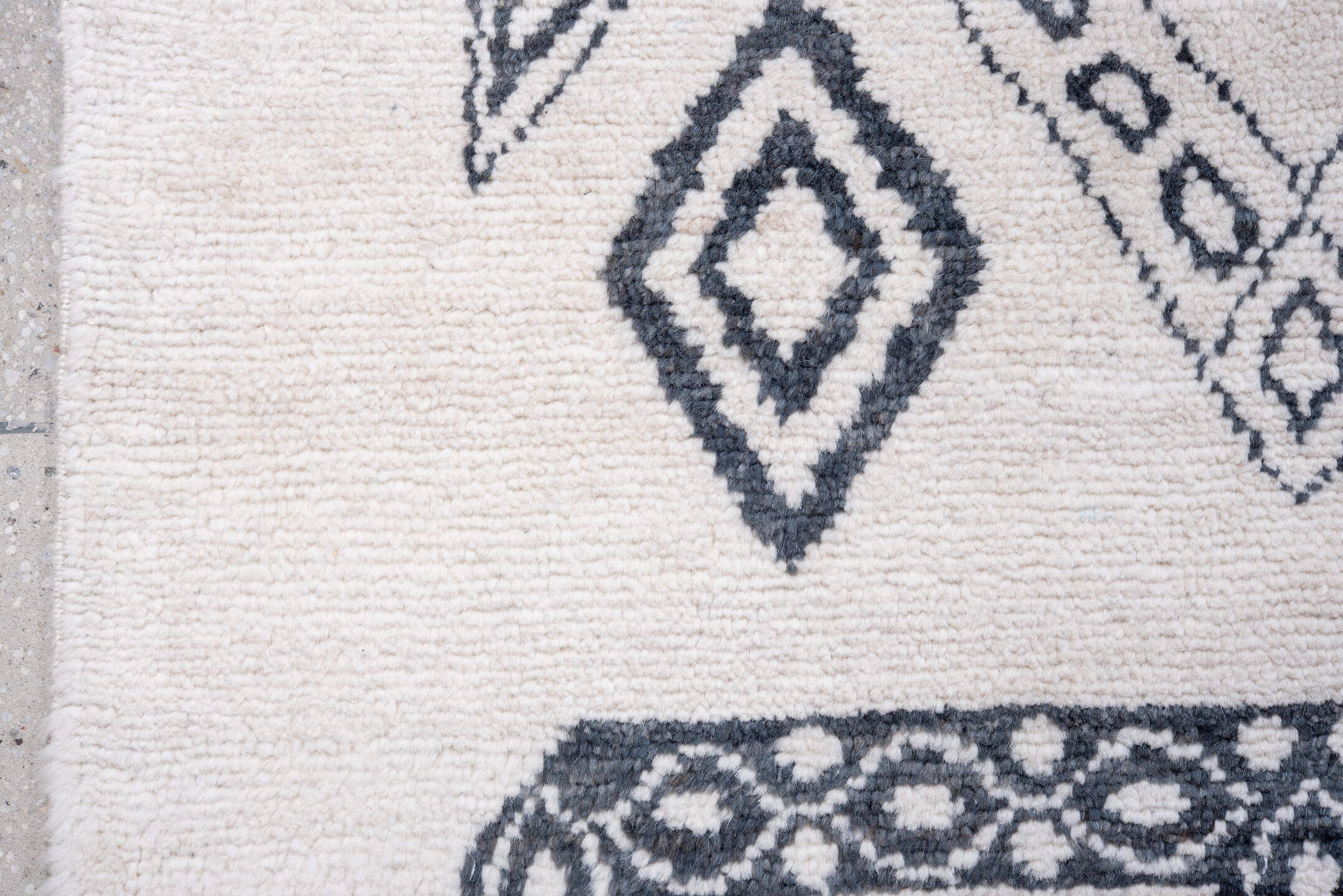 9' x 12' one-of-a-kind handmade vintage Moroccan large size rug. Color palette: black, blue, dim gray, ghost white, gray