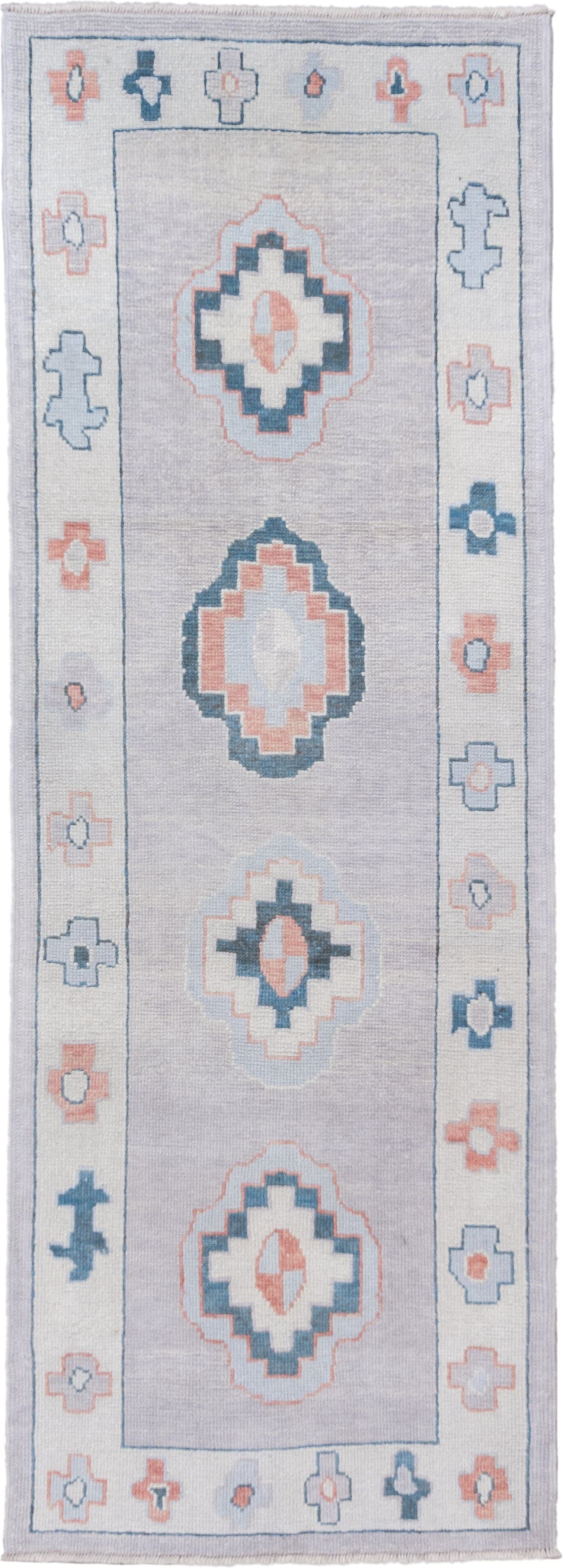 3' x 9' one-of-a-kind handmade vintage Oushak runner rug. Color palette: ivory, pale blue, blush, slate, taupe, light blue