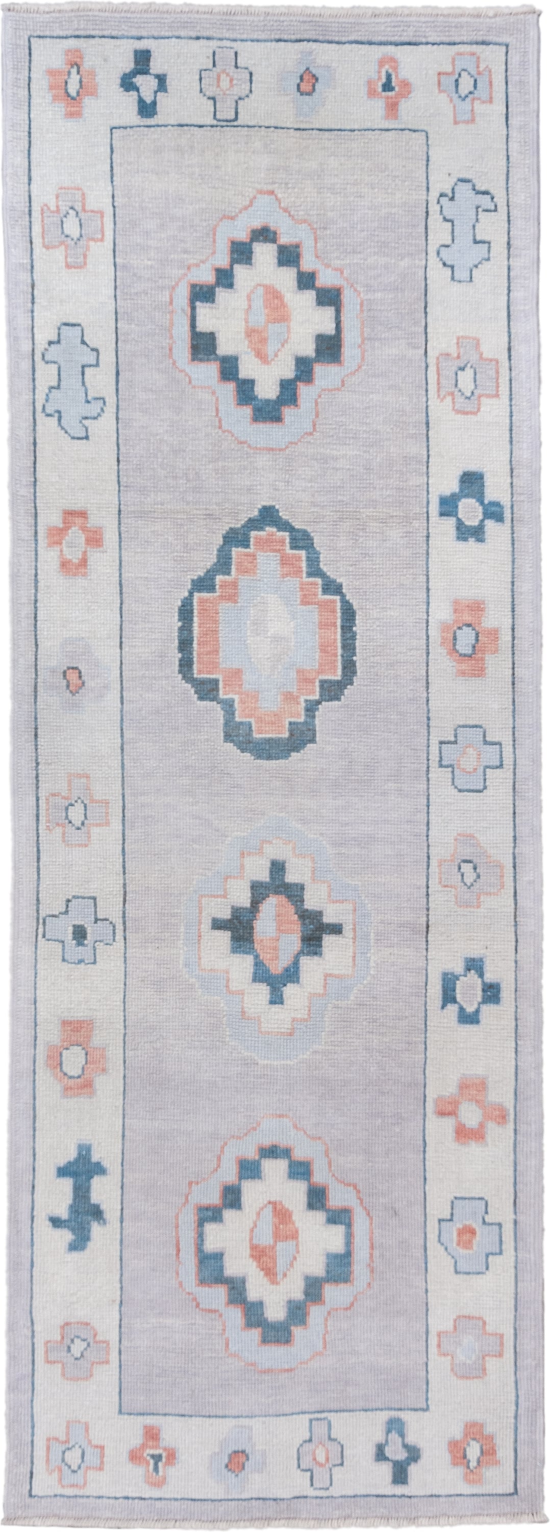 3' x 9' one-of-a-kind handmade vintage Oushak runner rug. Color palette: ivory, pale blue, blush, slate, taupe, light blue