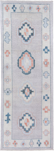 3' x 9' one-of-a-kind handmade vintage Oushak runner rug. Color palette: ivory, pale blue, blush, slate, taupe, light blue