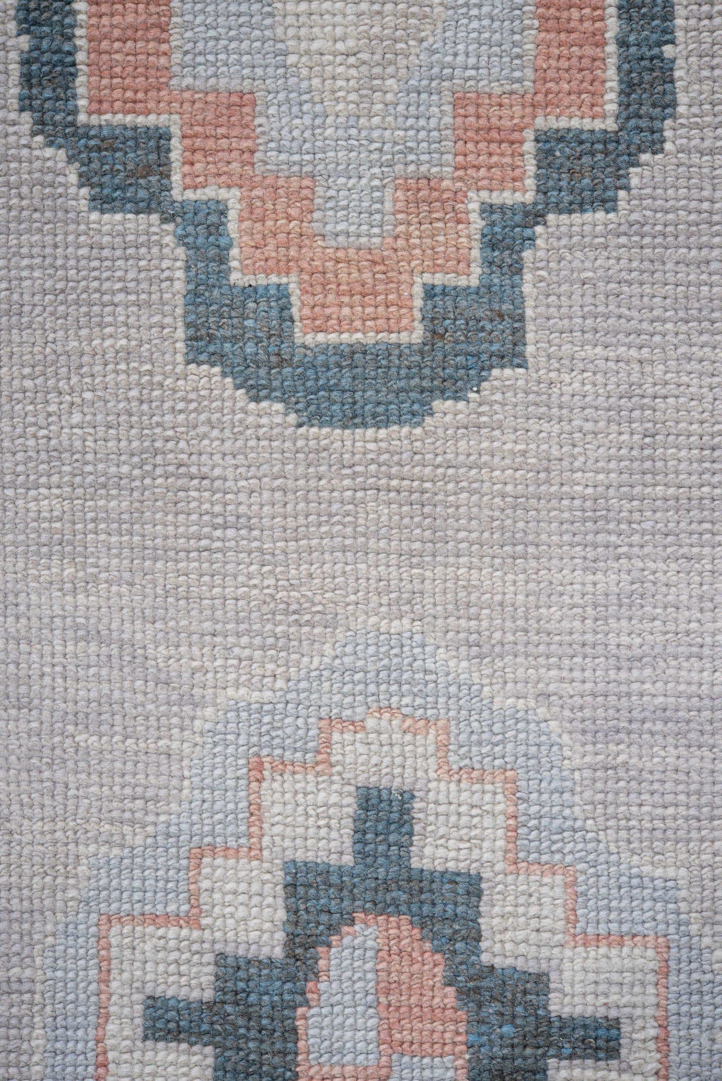 3' x 9' one-of-a-kind handmade vintage Oushak runner rug. Color palette: ivory, pale blue, blush, slate, taupe, light blue