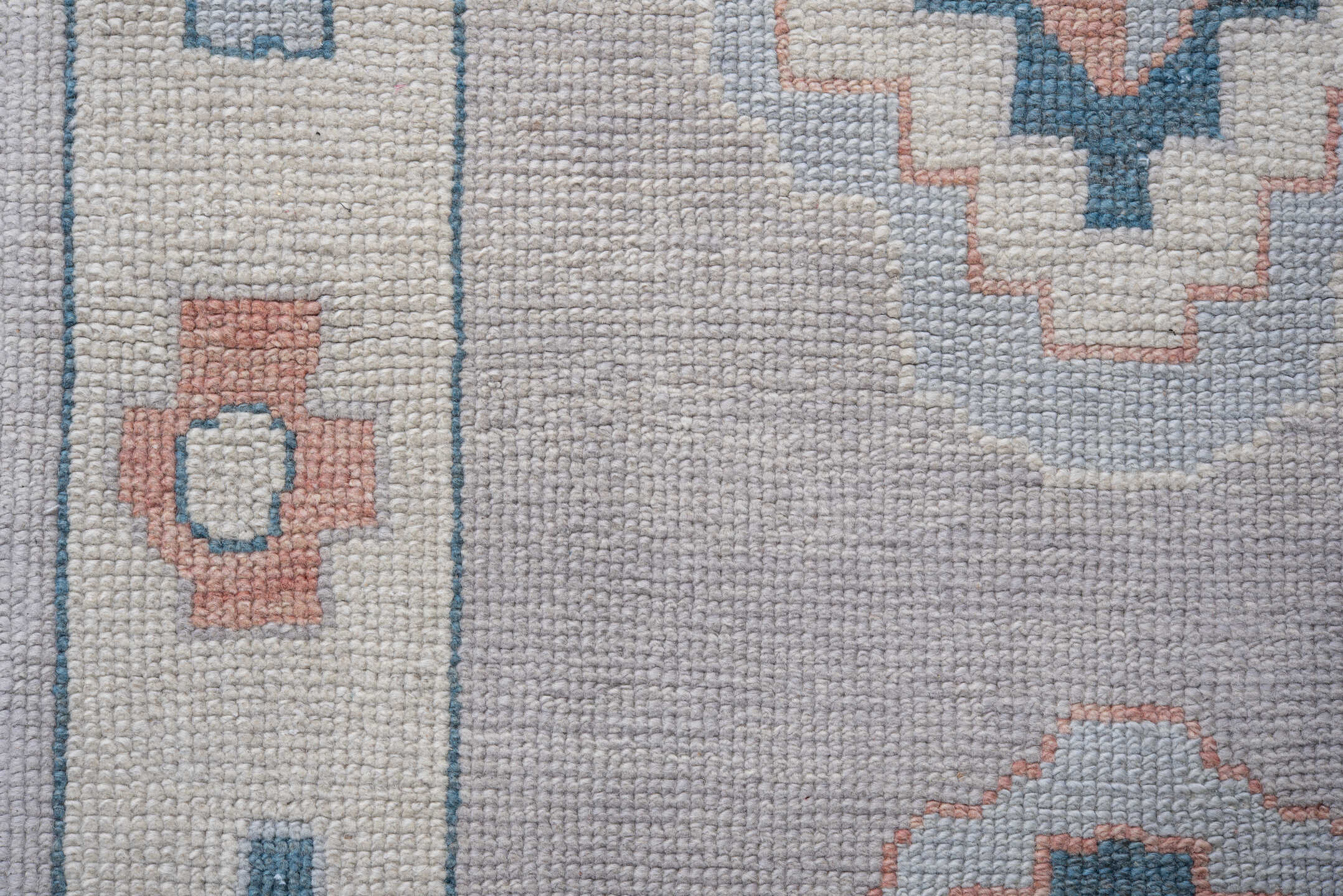 3' x 9' one-of-a-kind handmade vintage Oushak runner rug. Color palette: ivory, pale blue, blush, slate, taupe, light blue