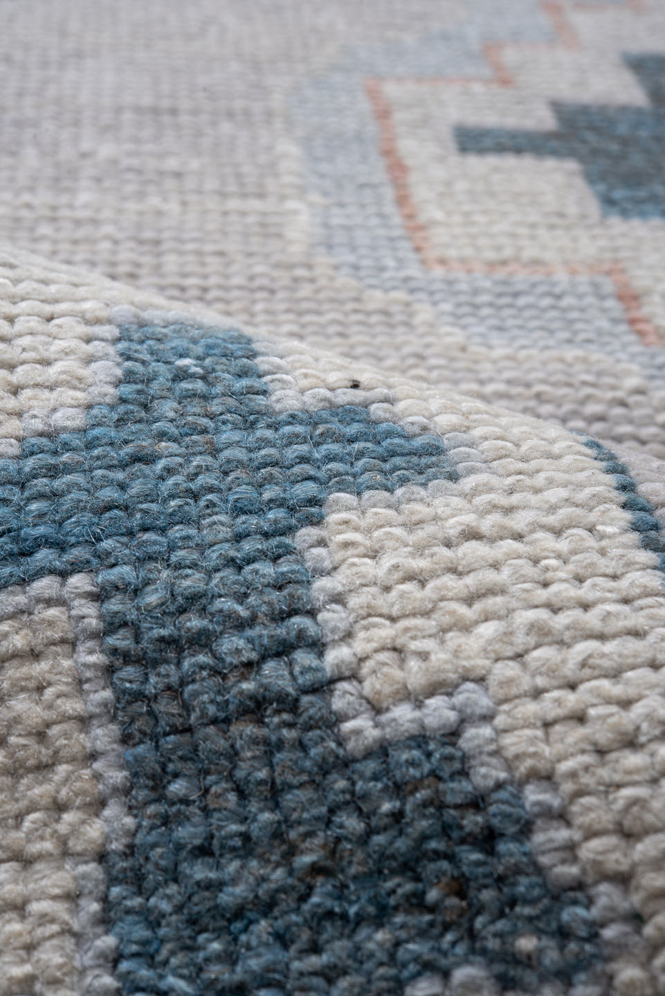 3' x 9' one-of-a-kind handmade vintage Oushak runner rug. Color palette: ivory, pale blue, blush, slate, taupe, light blue