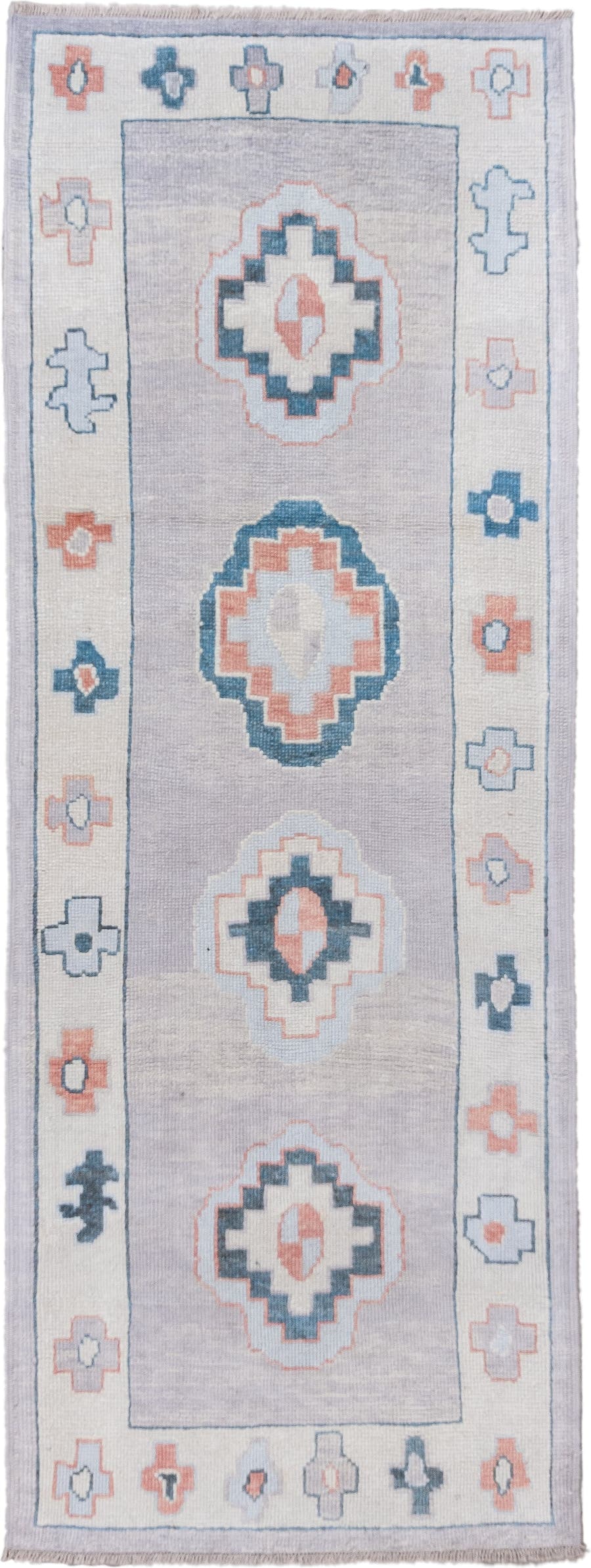 3' x 9' one-of-a-kind handmade vintage Oushak runner rug. Color palette: ivory, powder_blue, blush, pale_gray, slate, peach