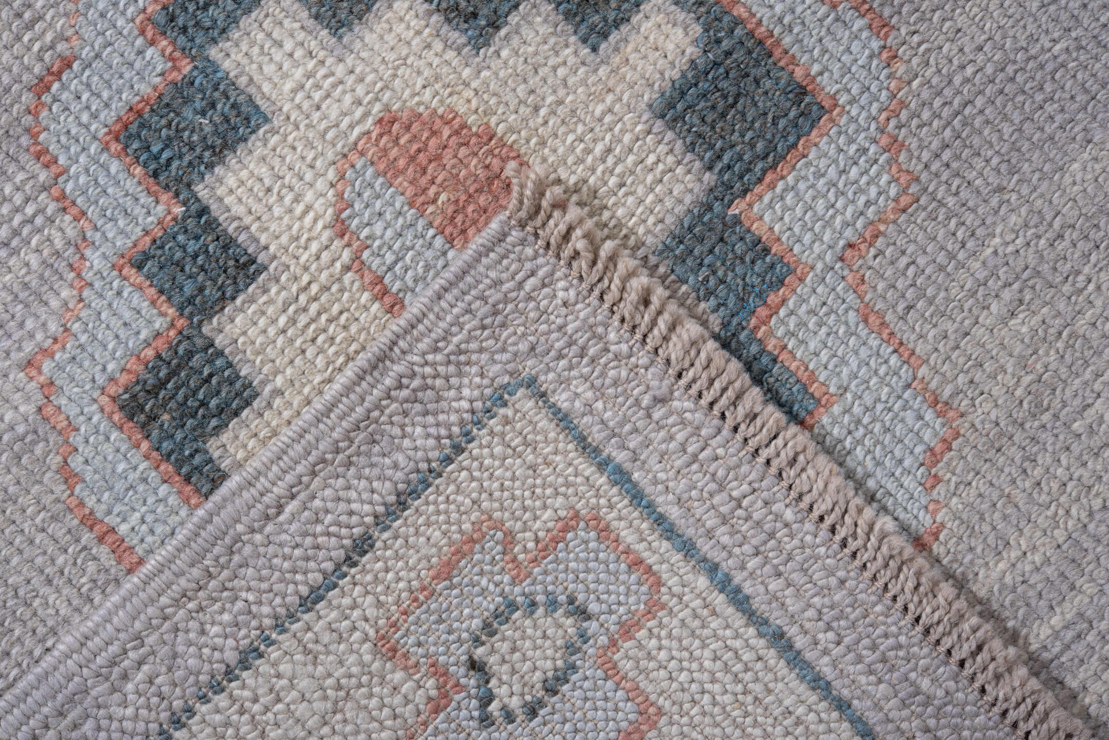 3' x 9' one-of-a-kind handmade vintage Oushak runner rug. Color palette: ivory, powder_blue, blush, pale_gray, slate, peach