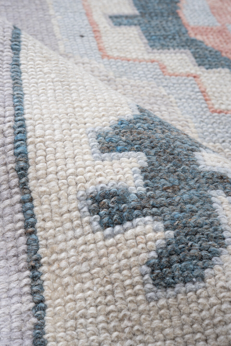 3' x 9' one-of-a-kind handmade vintage Oushak runner rug. Color palette: ivory, powder_blue, blush, pale_gray, slate, peach