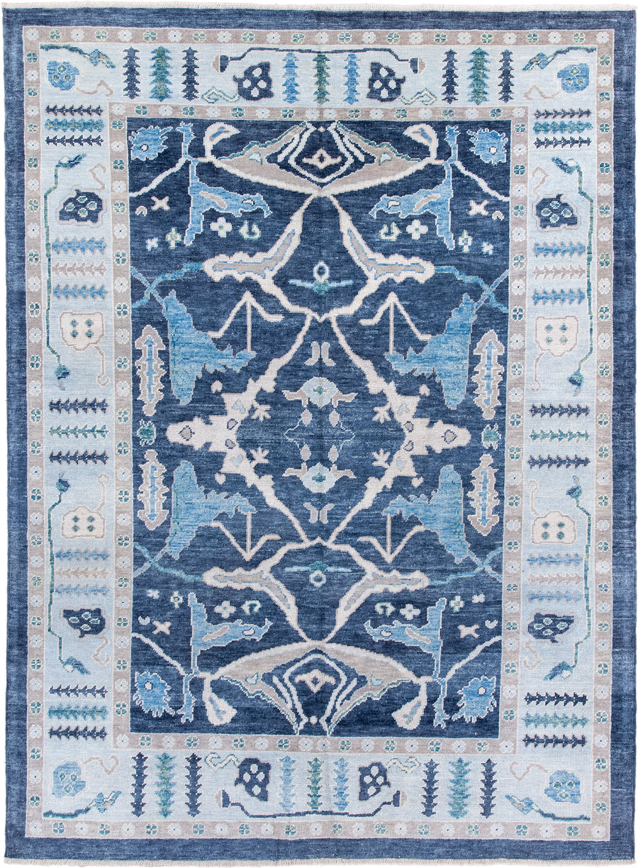 7' x 10' one-of-a-kind handmade vintage Oushak large size rug. Color palette: navy, ivory, sky blue, taupe, slate, aqua