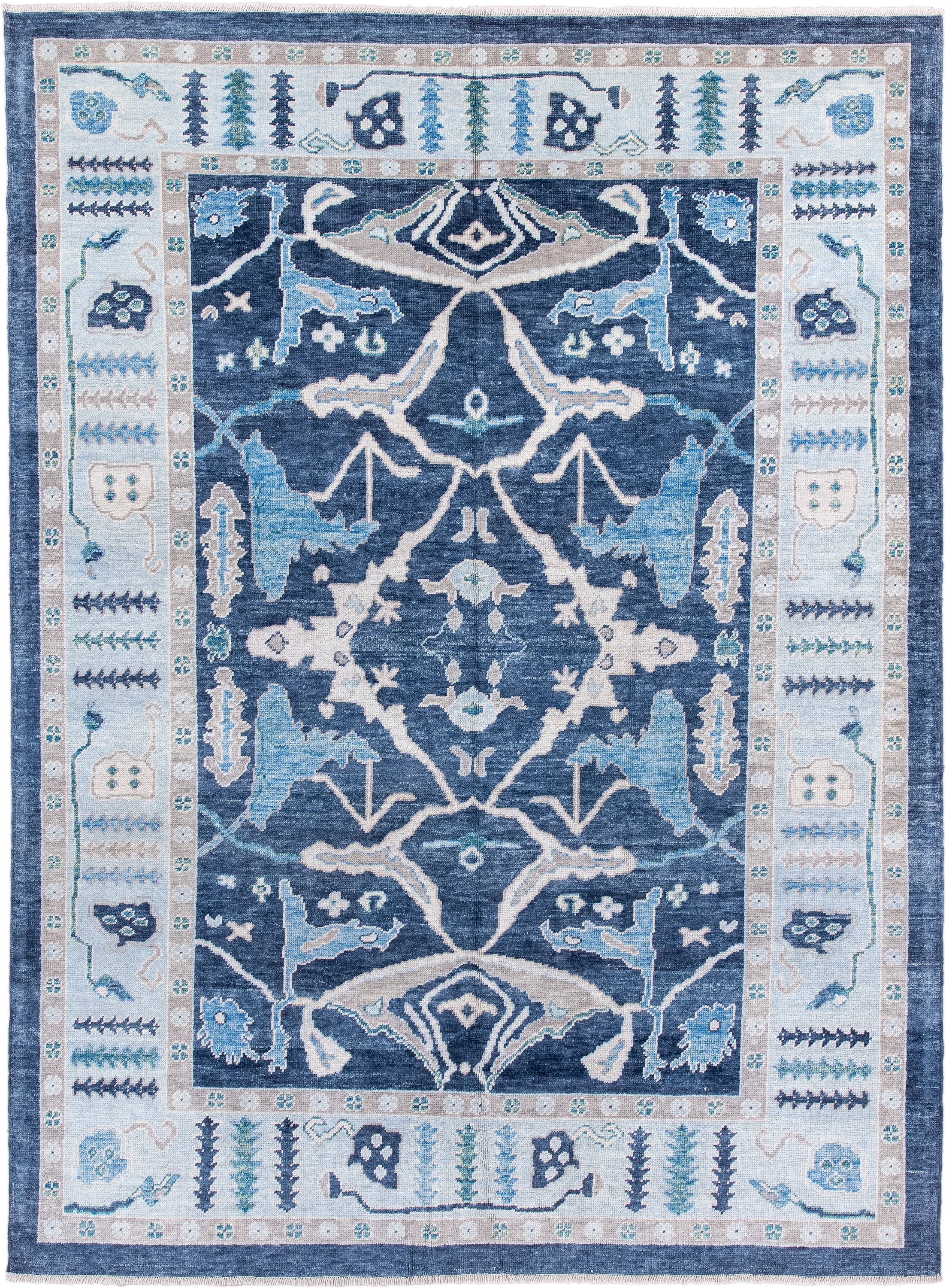 7' x 10' one-of-a-kind handmade vintage Oushak large size rug. Color palette: navy, ivory, sky blue, taupe, slate, aqua
