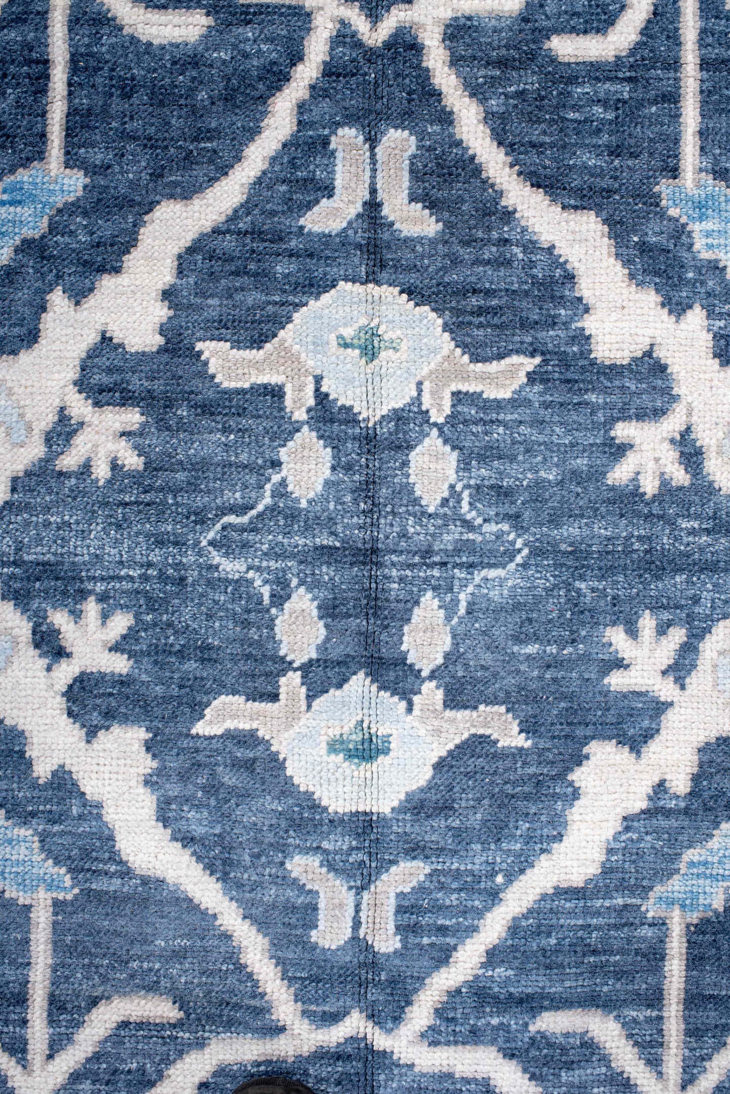 7' x 10' one-of-a-kind handmade vintage Oushak large size rug. Color palette: navy, ivory, sky blue, taupe, slate, aqua