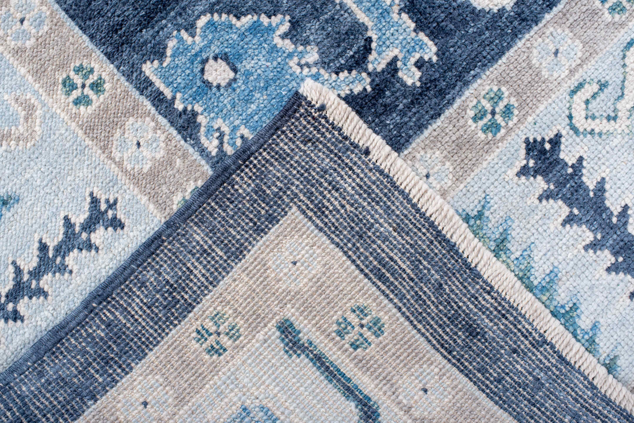 7' x 10' one-of-a-kind handmade vintage Oushak large size rug. Color palette: navy, ivory, sky blue, taupe, slate, aqua