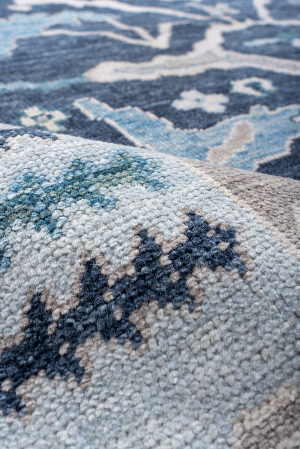 7' x 10' one-of-a-kind handmade vintage Oushak large size rug. Color palette: navy, ivory, sky blue, taupe, slate, aqua