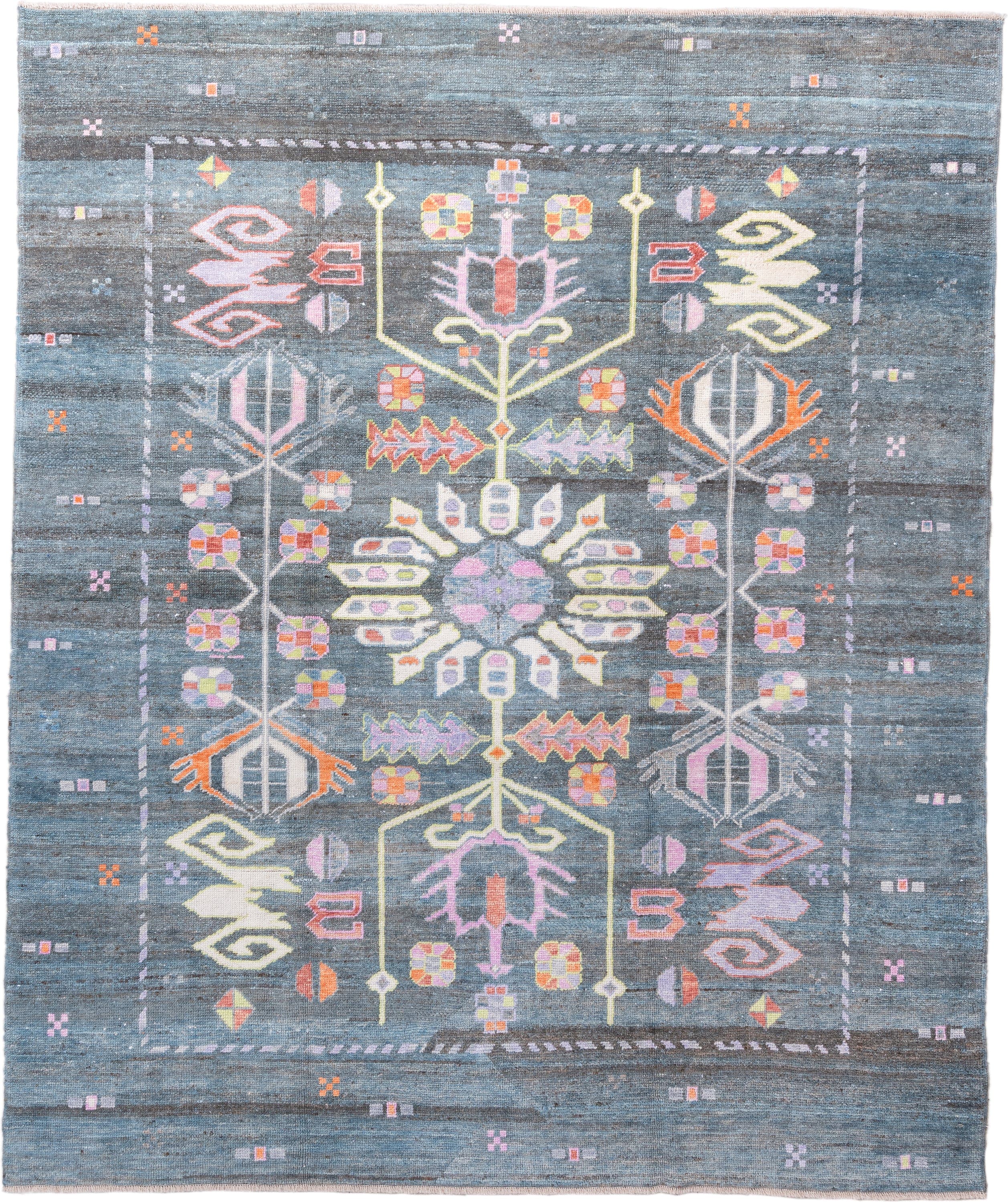 8' x 10' one-of-a-kind handmade vintage Oushak large size rug. Color palette: blue, slate, ivory, lavender, coral, gold