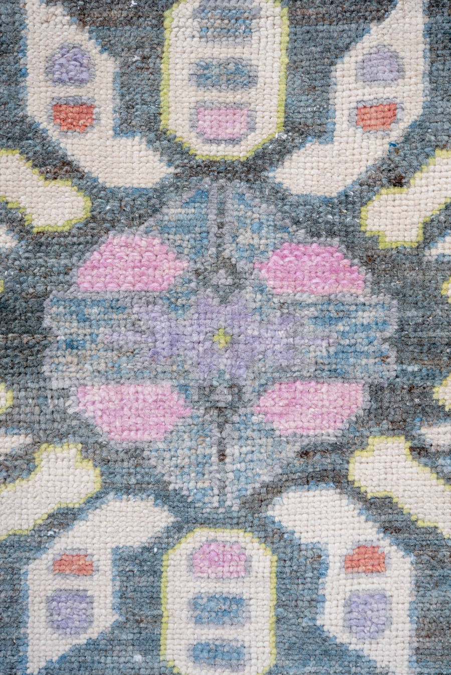 8' x 10' one-of-a-kind handmade vintage Oushak large size rug. Color palette: blue, slate, ivory, lavender, coral, gold