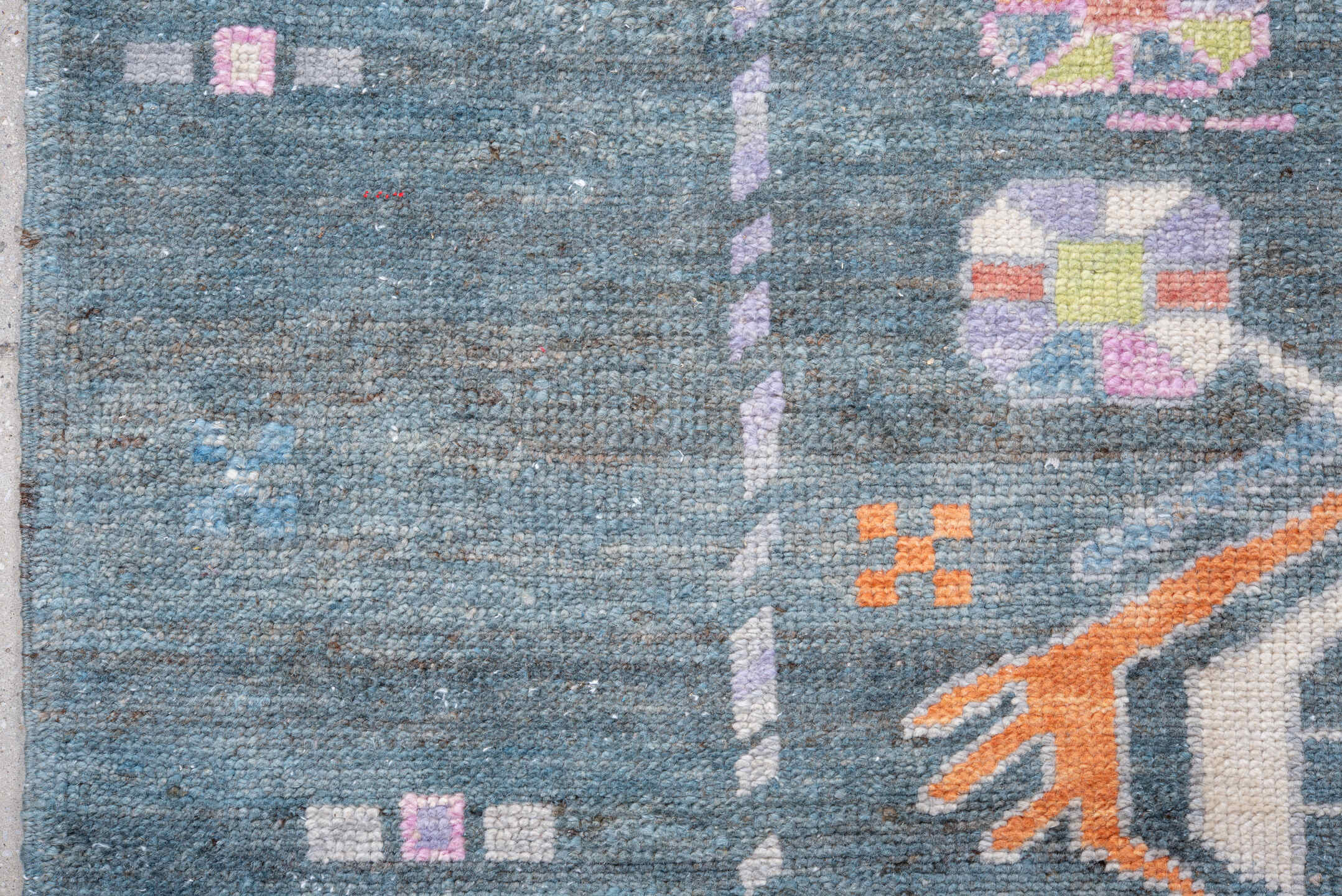 8' x 10' one-of-a-kind handmade vintage Oushak large size rug. Color palette: blue, slate, ivory, lavender, coral, gold