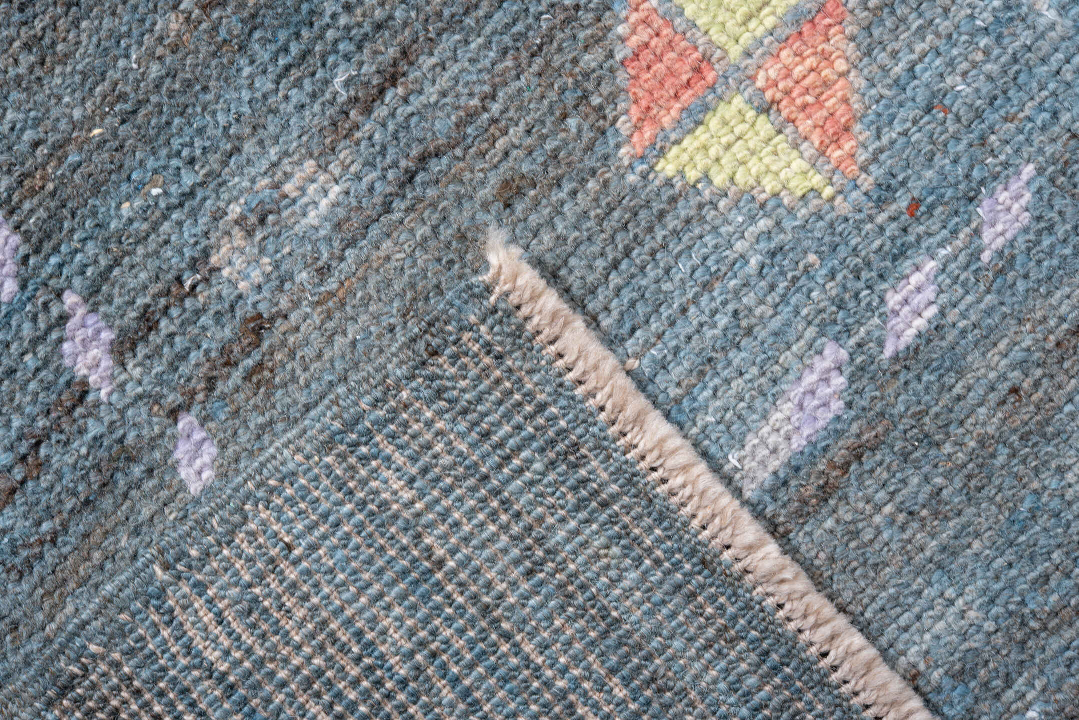 8' x 10' one-of-a-kind handmade vintage Oushak large size rug. Color palette: blue, slate, ivory, lavender, coral, gold