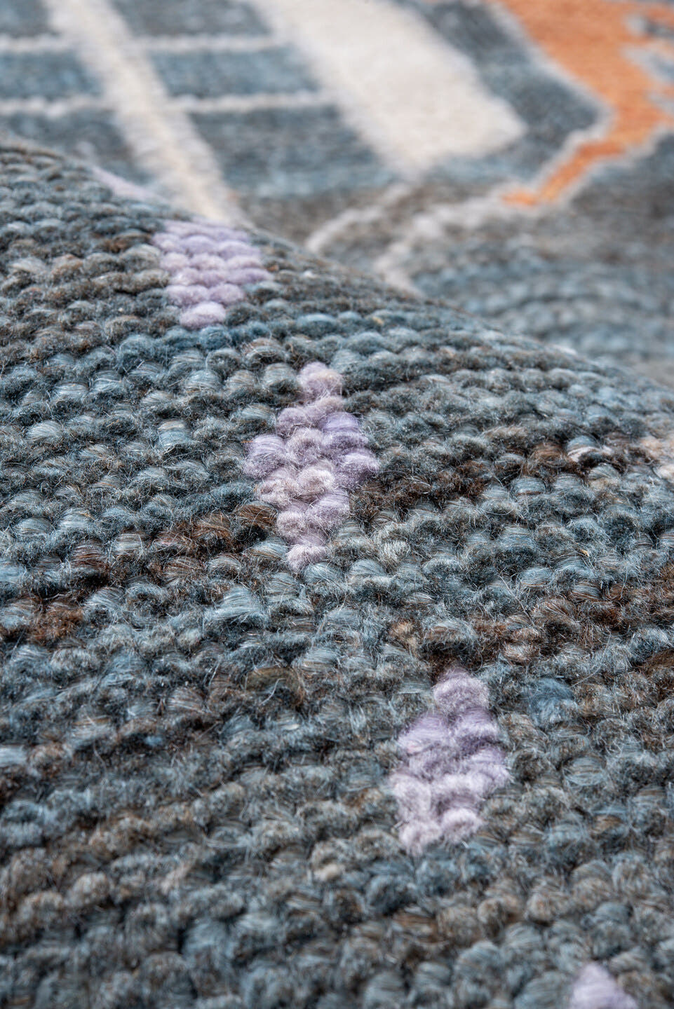8' x 10' one-of-a-kind handmade vintage Oushak large size rug. Color palette: blue, slate, ivory, lavender, coral, gold