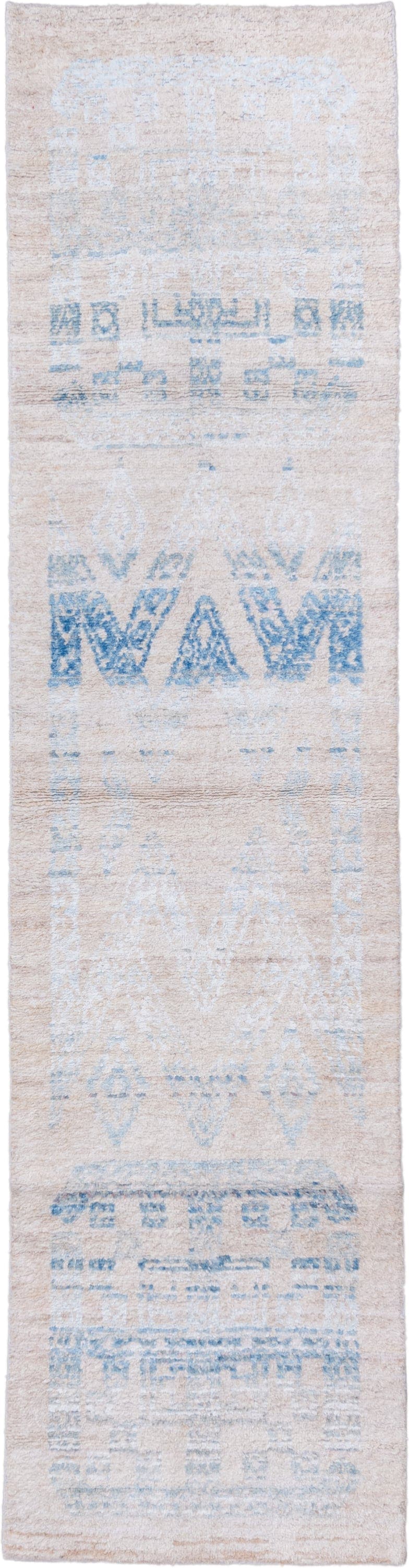 3' x 12' one-of-a-kind handmade vintage Kilim runner rug. Color palette: ivory, sky blue, beige, light blue