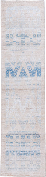 3' x 12' one-of-a-kind handmade vintage Kilim runner rug. Color palette: ivory, sky blue, beige, light blue