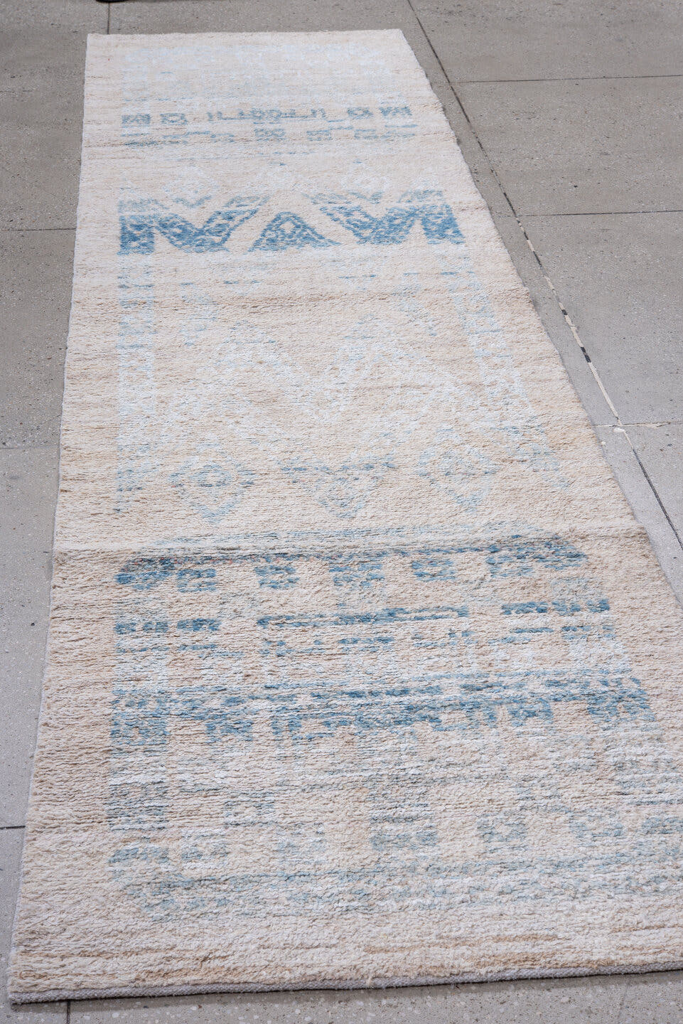 3' x 12' one-of-a-kind handmade vintage Kilim runner rug. Color palette: ivory, sky blue, beige, light blue