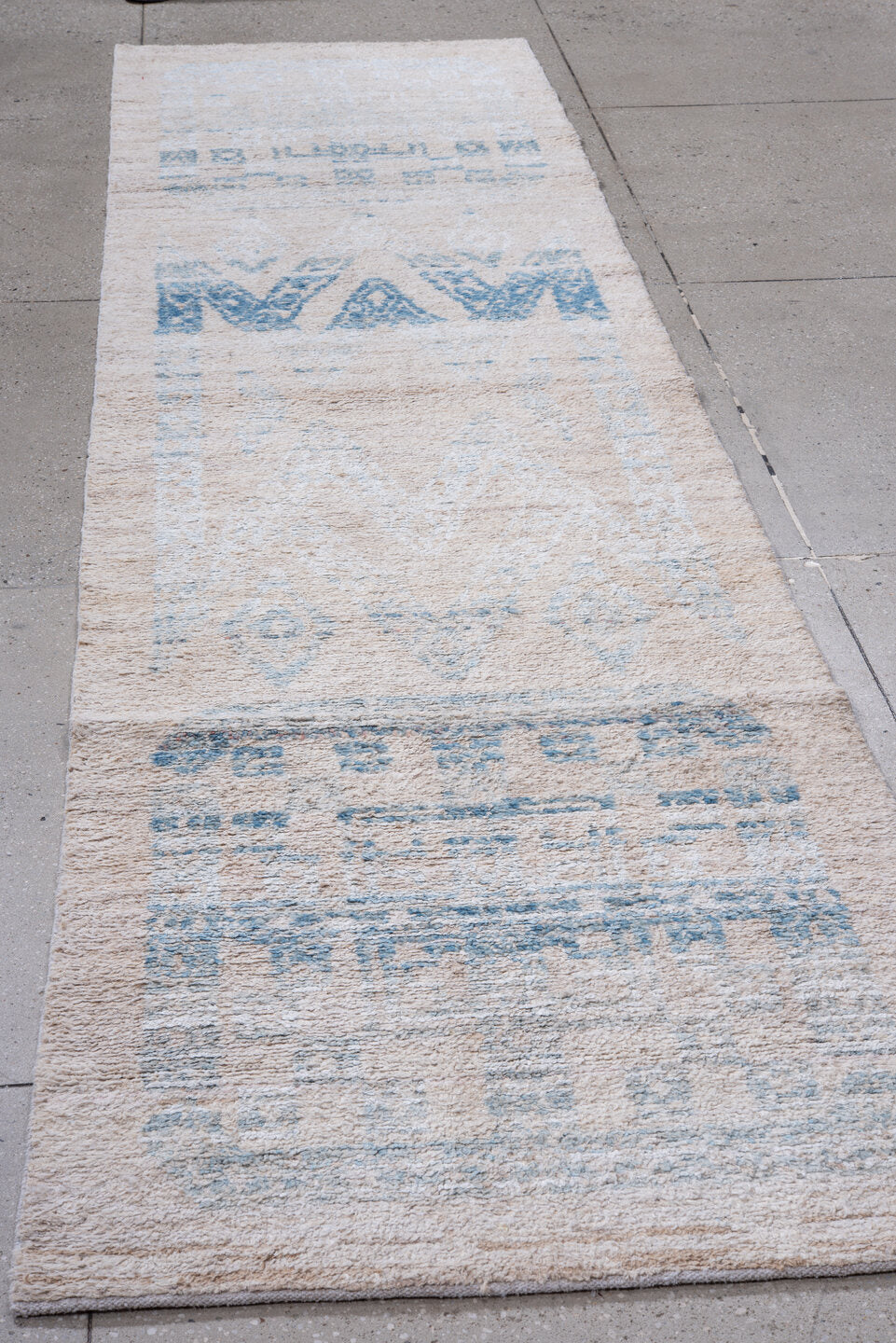 3' x 12' one-of-a-kind handmade vintage Kilim runner rug. Color palette: ivory, sky blue, beige, light blue