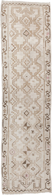 2' x 10' one-of-a-kind handmade antique Kilim runner rug. Color palette: ivory, taupe, brown, camel, blush, beige, gray