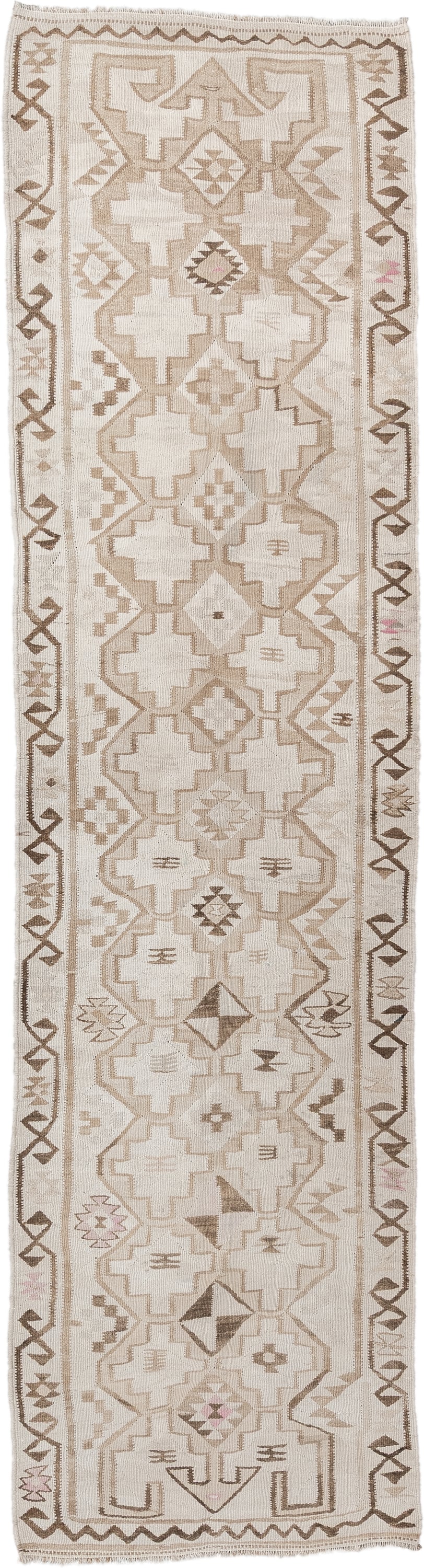 2' x 10' one-of-a-kind handmade antique Kilim runner rug. Color palette: ivory, taupe, brown, camel, blush, beige, gray
