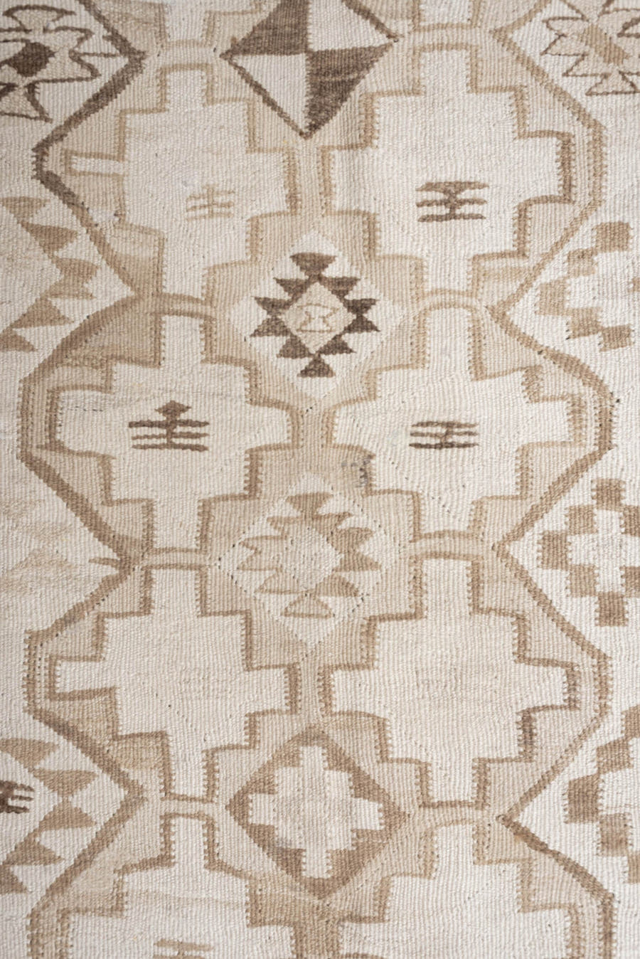 2' x 10' one-of-a-kind handmade antique Kilim runner rug. Color palette: ivory, taupe, brown, camel, blush, beige, gray