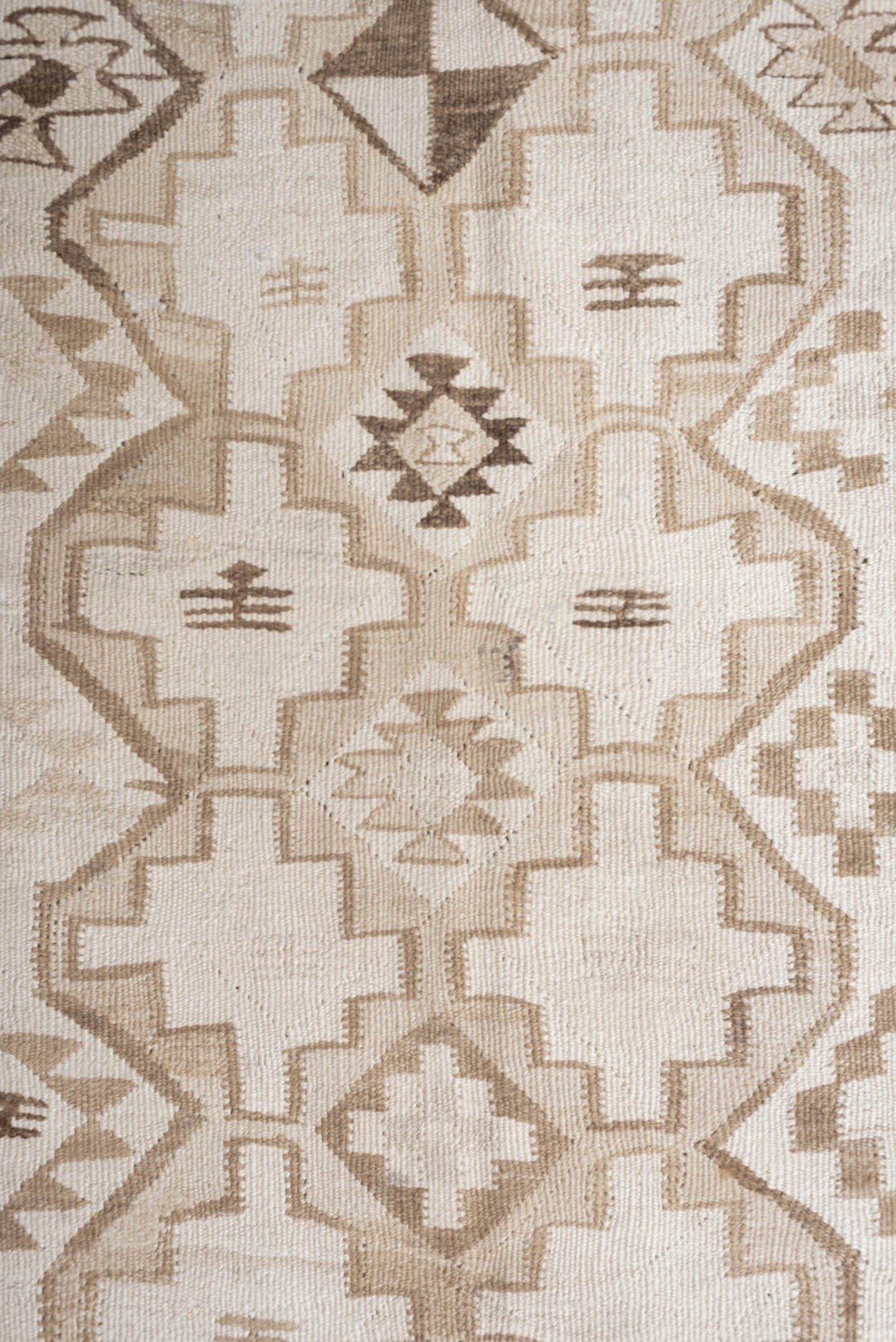 2' x 10' one-of-a-kind handmade antique Kilim runner rug. Color palette: ivory, taupe, brown, camel, blush, beige, gray