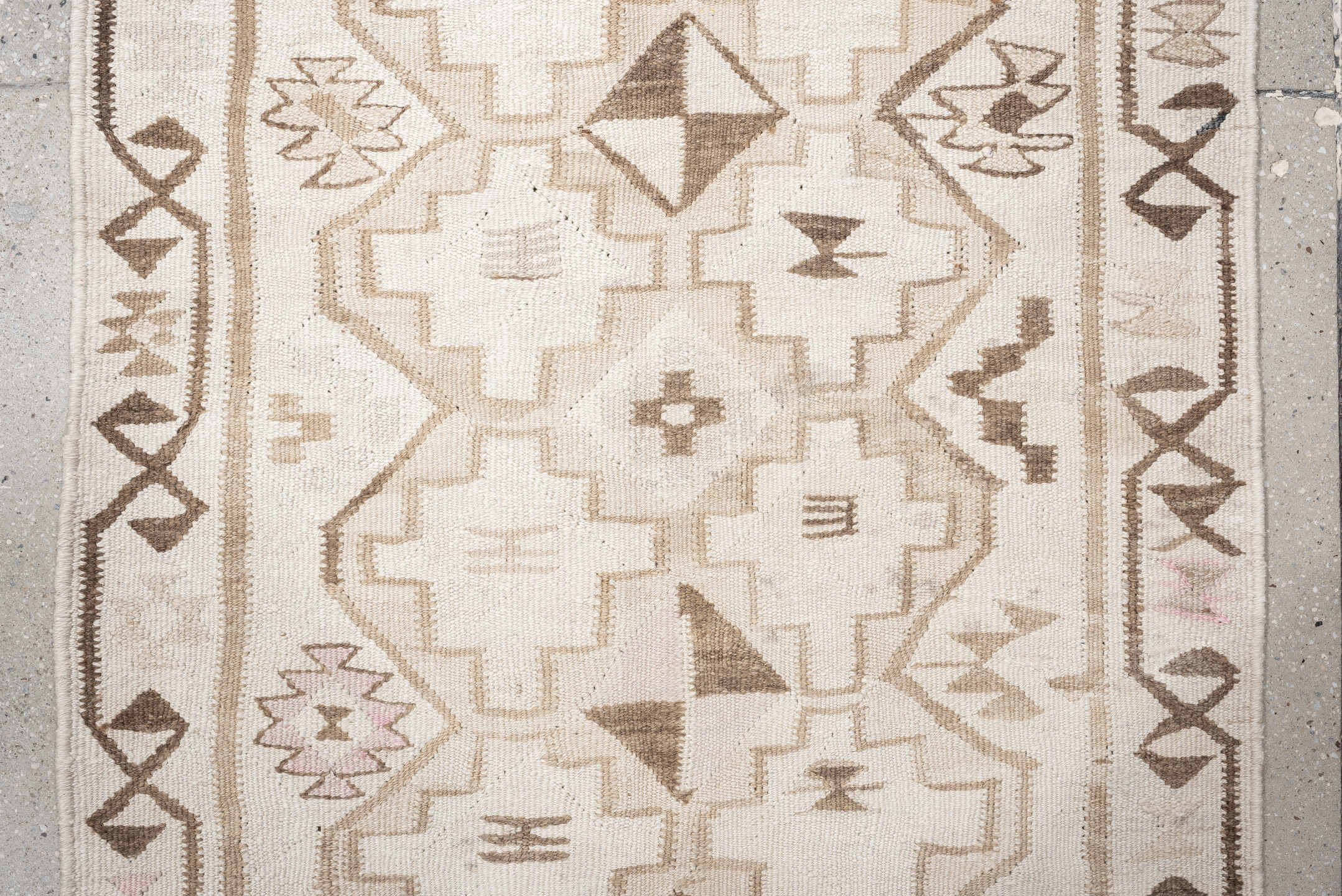 2' x 10' one-of-a-kind handmade antique Kilim runner rug. Color palette: ivory, taupe, brown, camel, blush, beige, gray