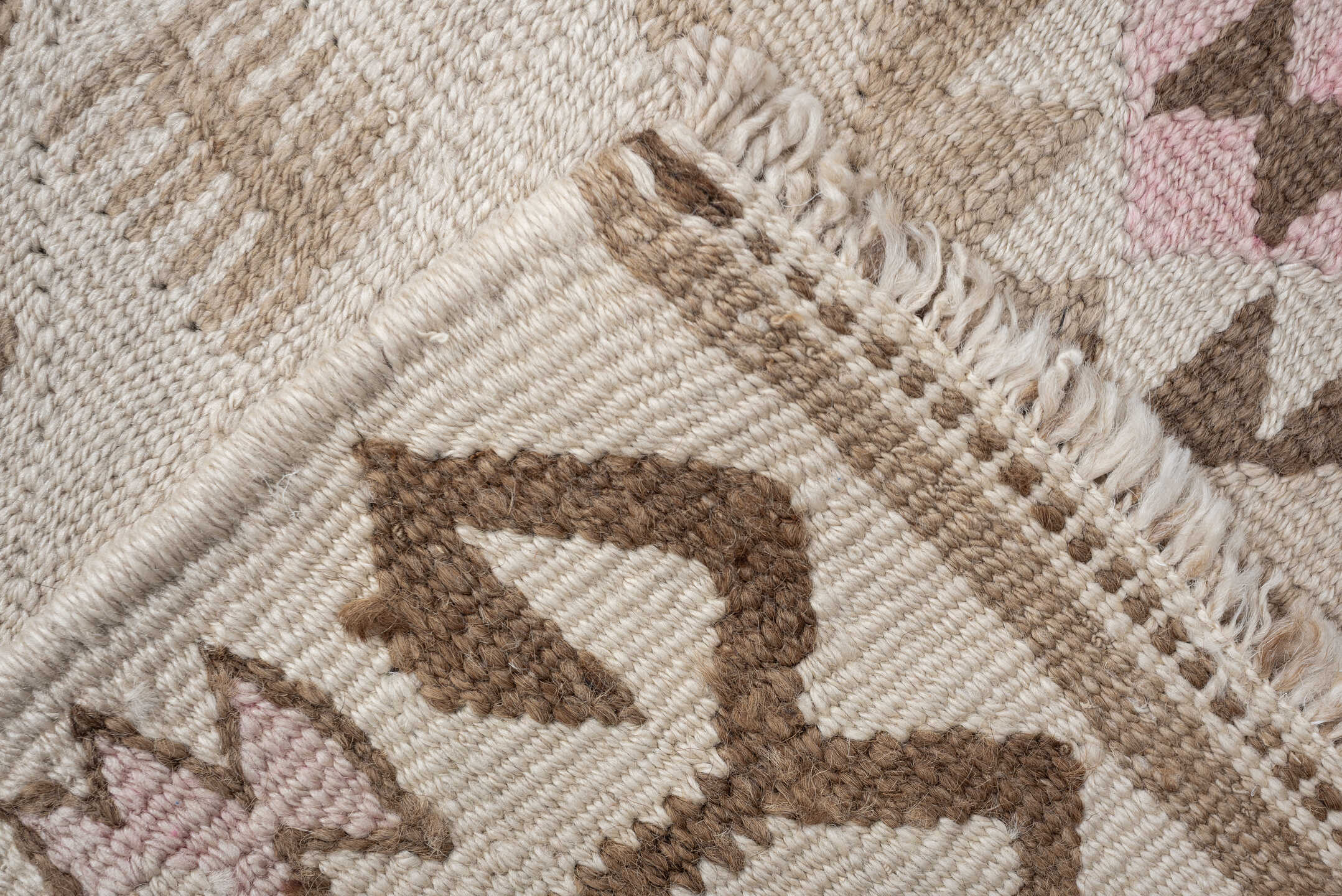 2' x 10' one-of-a-kind handmade antique Kilim runner rug. Color palette: ivory, taupe, brown, camel, blush, beige, gray