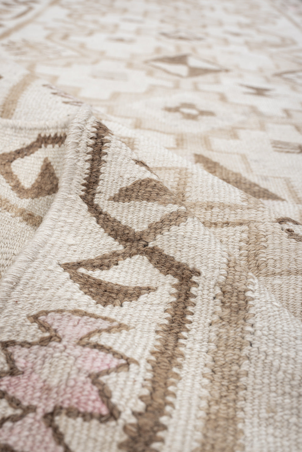 2' x 10' one-of-a-kind handmade antique Kilim runner rug. Color palette: ivory, taupe, brown, camel, blush, beige, gray